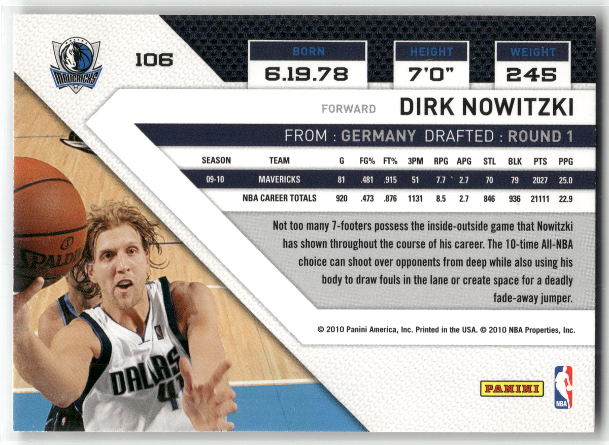 Basketball NBA Dirk Nowitzki - 2010-11 Panini Threads - Dallas Mavericks #106 Trading Card Original