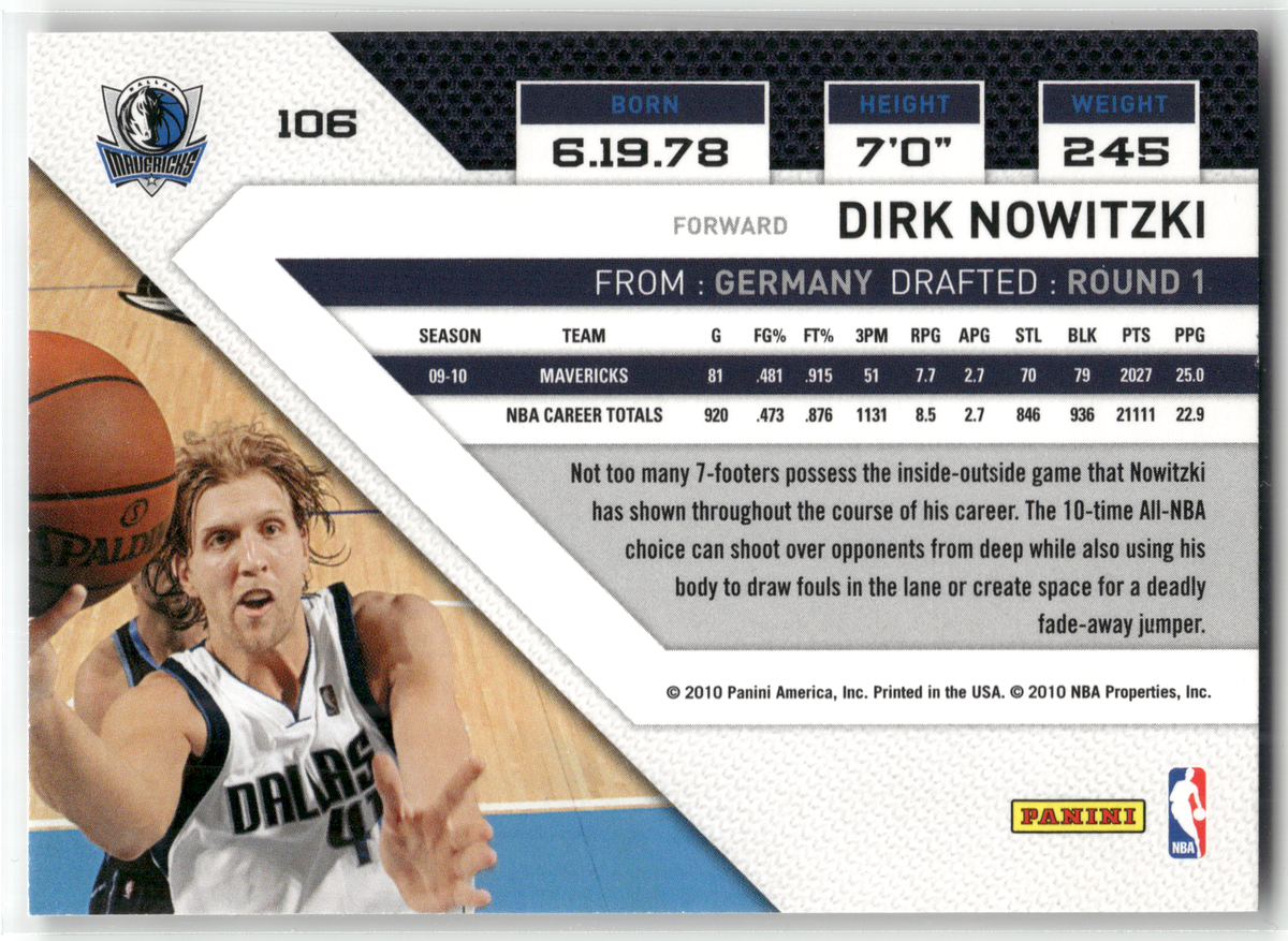 Basketball NBA Dirk Nowitzki - 2010-11 Panini Threads - Dallas Mavericks #106 Trading Card Original