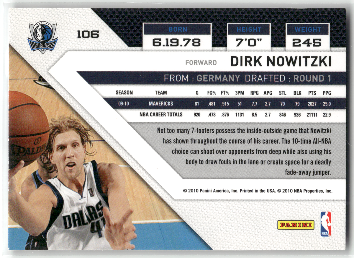 Basketball NBA Dirk Nowitzki - 2010-11 Panini Threads - Dallas Mavericks #106 Trading Card Original