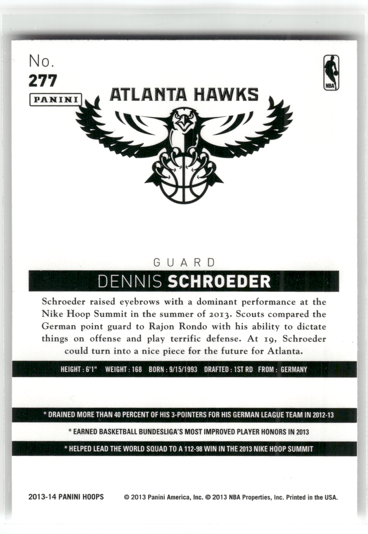Basketball NBA Dennis Schroeder Rookie - 2013-14 Panini Hoops - Atlanta Hawks #277 Trading Card Original