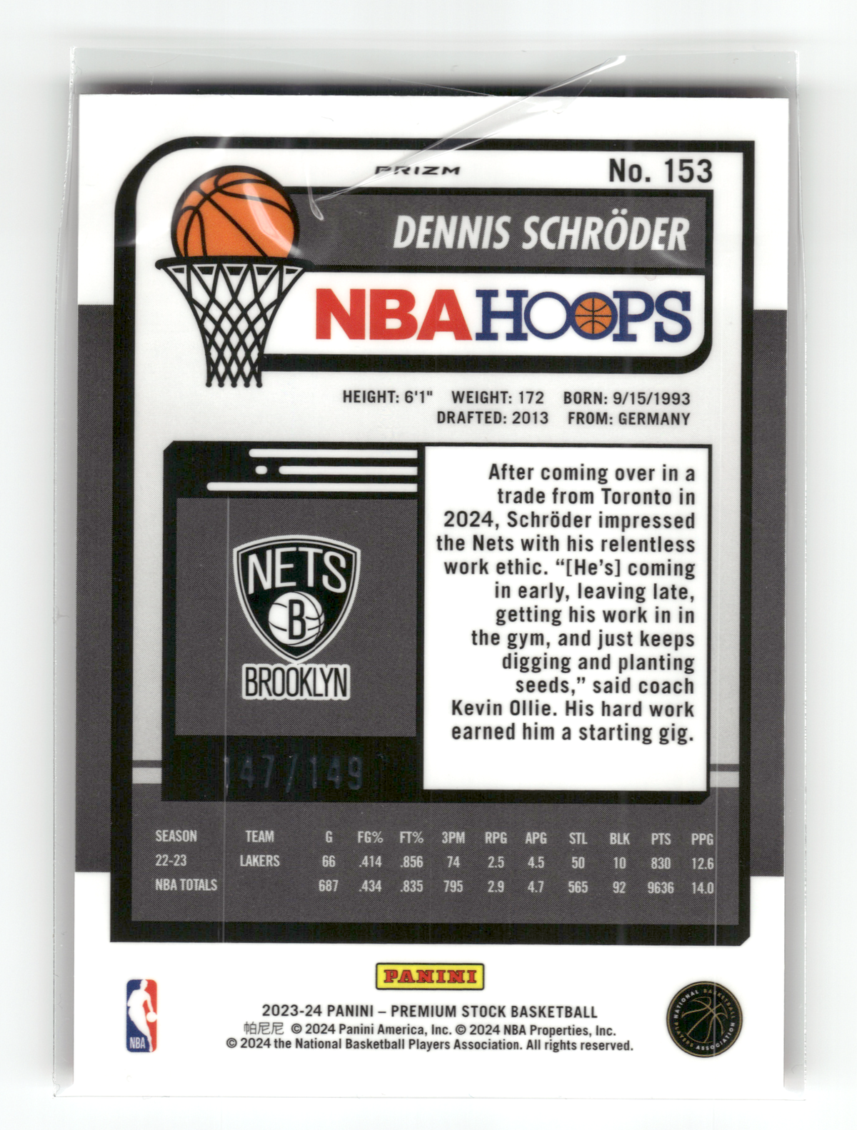 Basketball NBA Dennis Schröder - 2023-24 NBA Hoops Premium Stock - Red Fast Break Prizm /175 - Brooklyn Nets #153 Trading Card Original