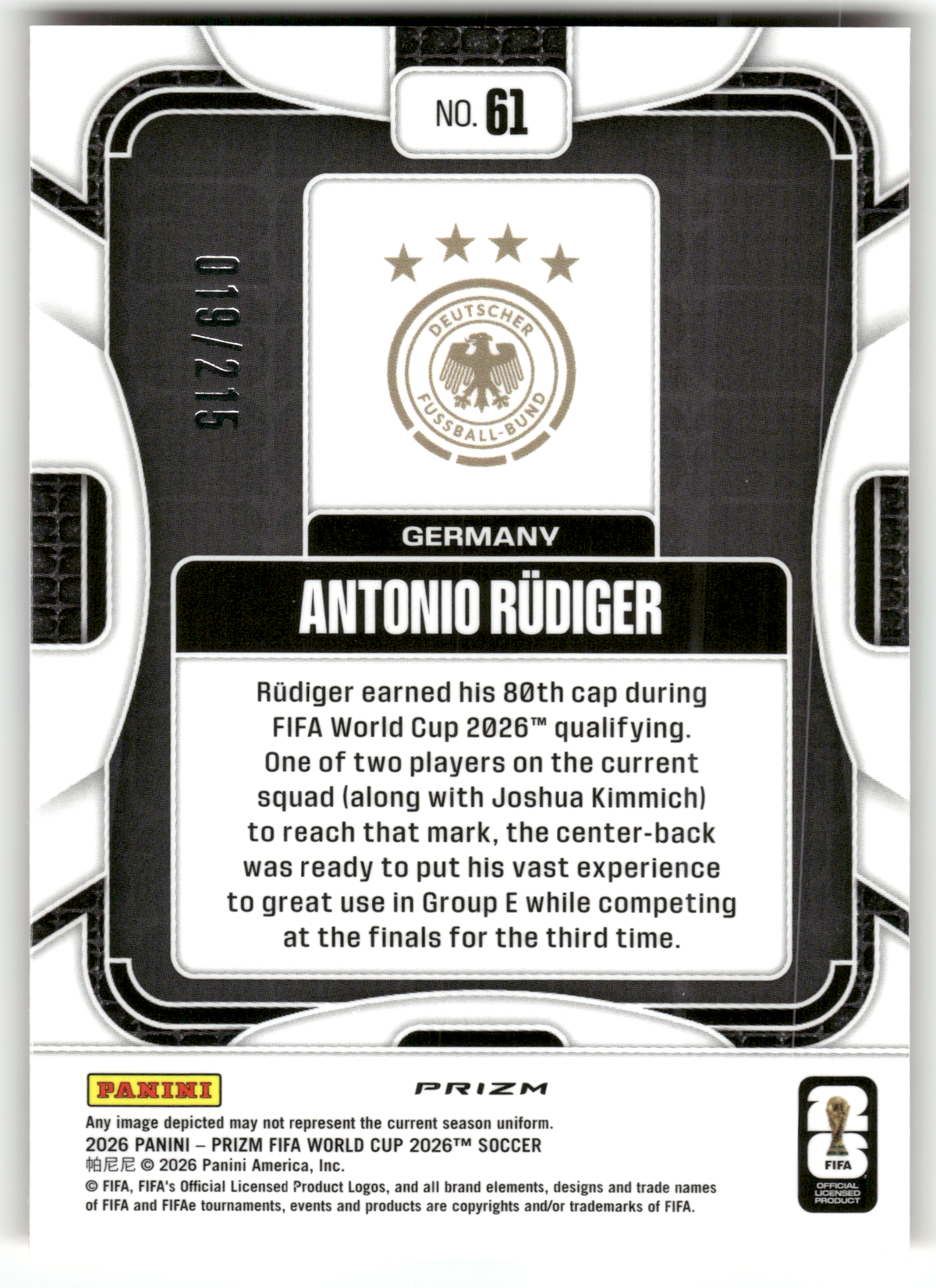 Fußball Antonio Rüdiger - 2026 Panini Prizm FIFA World Cup 2026 Soccer - Orange Pandora /215 - Germany #61 Trading Card Original