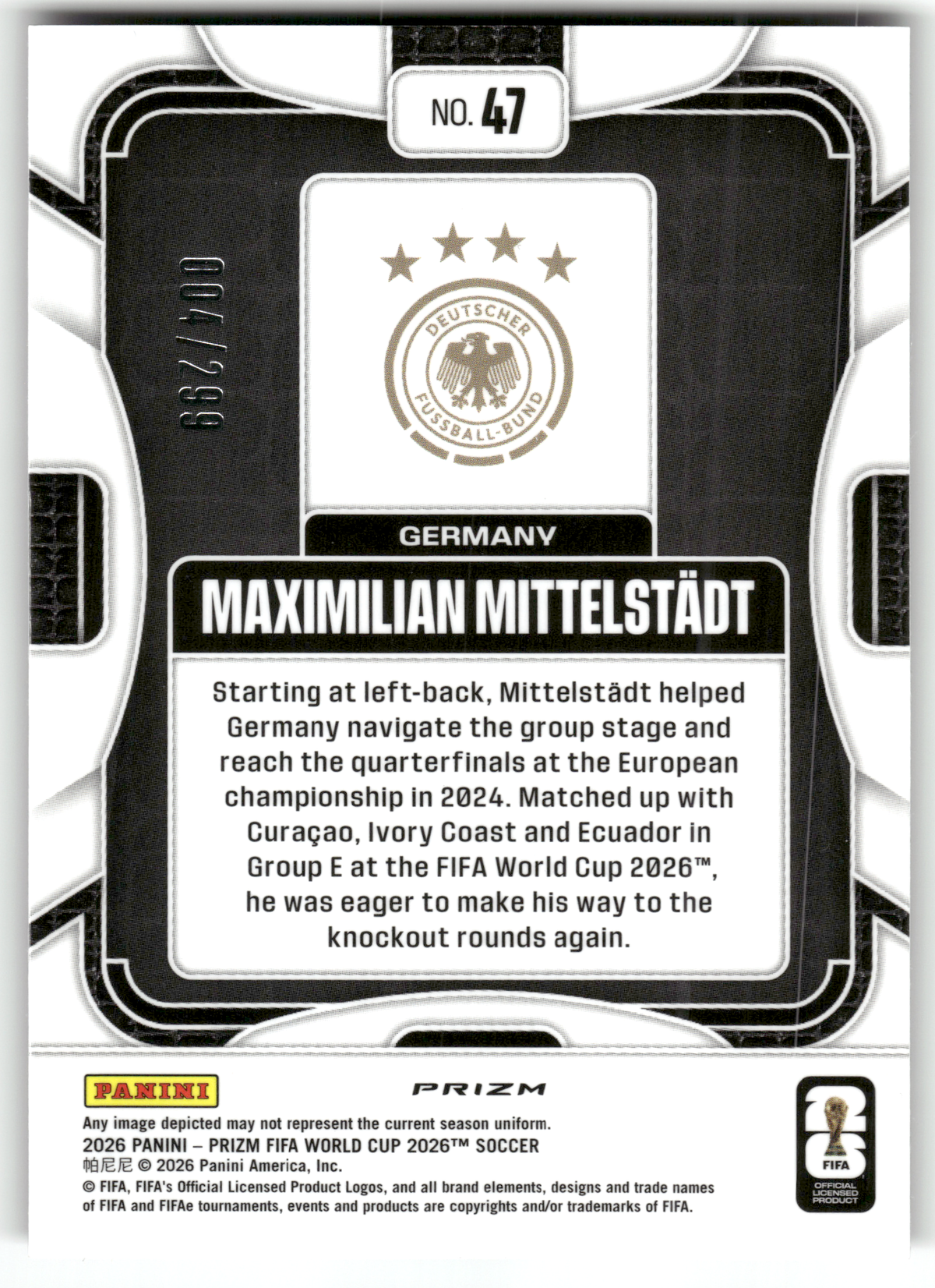 Fußball Maximilian Mittelstädt - 2026 Panini Prizm FIFA World Cup - Purple Hyper Prizm /299 - Germany #47 Trading Card Original