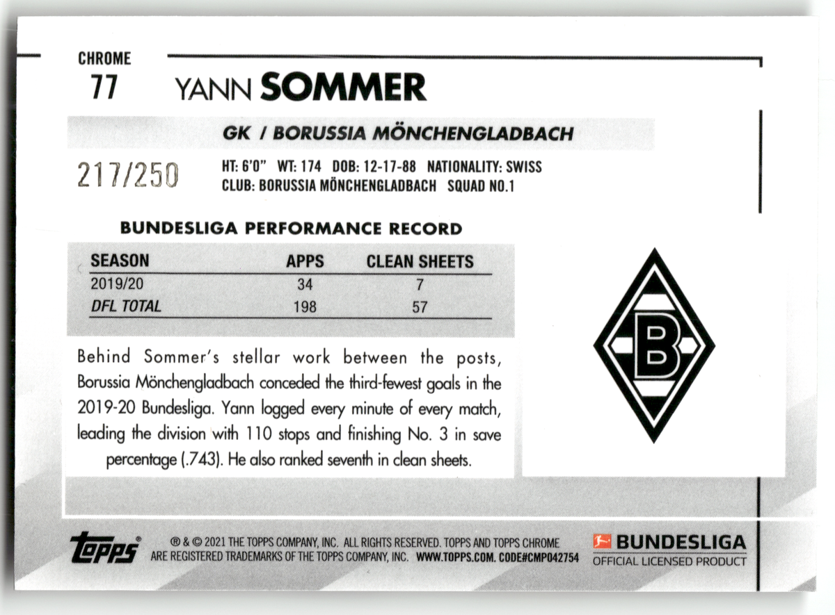 Fußball Yann Sommer - 2020-21 Topps Chrome Bundesliga - Wave Refractor /250 - Borussia Mönchengladbach #77 Trading Card Original