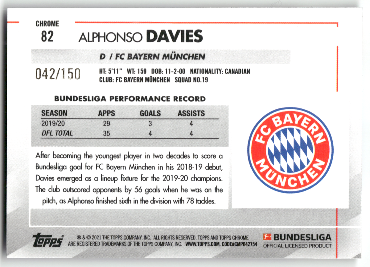 Fußball Alphonso Davies - 2020-21 Topps Chrome Bundesliga - Blue Wave /150 - FC Bayern München #82 Trading Card Original