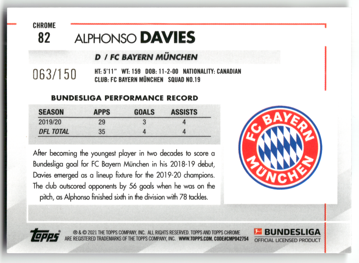 Fußball Alphonso Davies - 2020-21 Topps Chrome Bundesliga - True Blue /150 - FC Bayern München #82 Trading Card Original