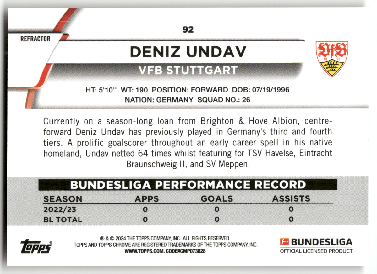 Fußball Deniz Undav - 2023-24 Topps Chrome Bundesliga - Pink Refractor /299 - VFB Stuttgart #92 Trading Card Original