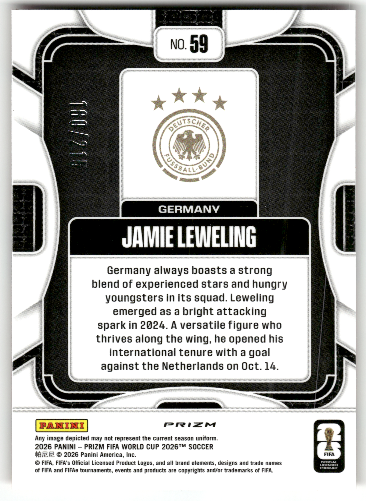Fußball Jamie Leweling - 2026 Panini Prizm FIFA World Cup Soccer - Orange Pandora /215 - Germany #59 Trading Card Original