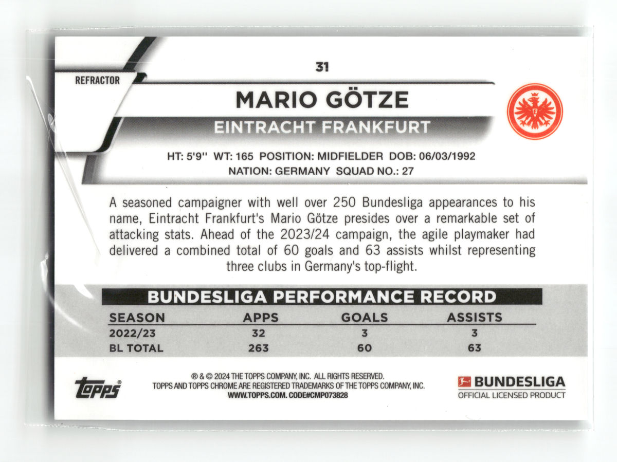 Fußball Mario Götze - 2023-24 Topps Chrome Bundesliga - Aqua Refractor /275 - Eintracht Frankfurt #31 Trading Card Original