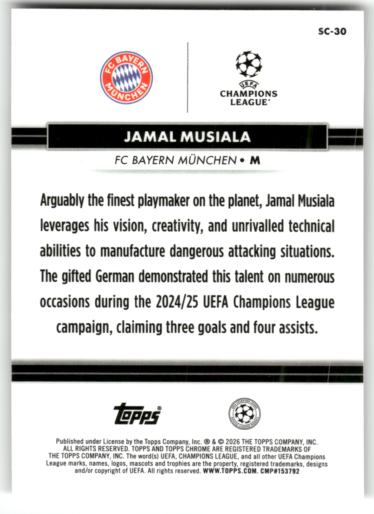 Fußball Jamal Musiala - 2024-25 Topps Chrome UEFA CL The National - Silver Holo - FC Bayern München #SC-30 Trading Card Original