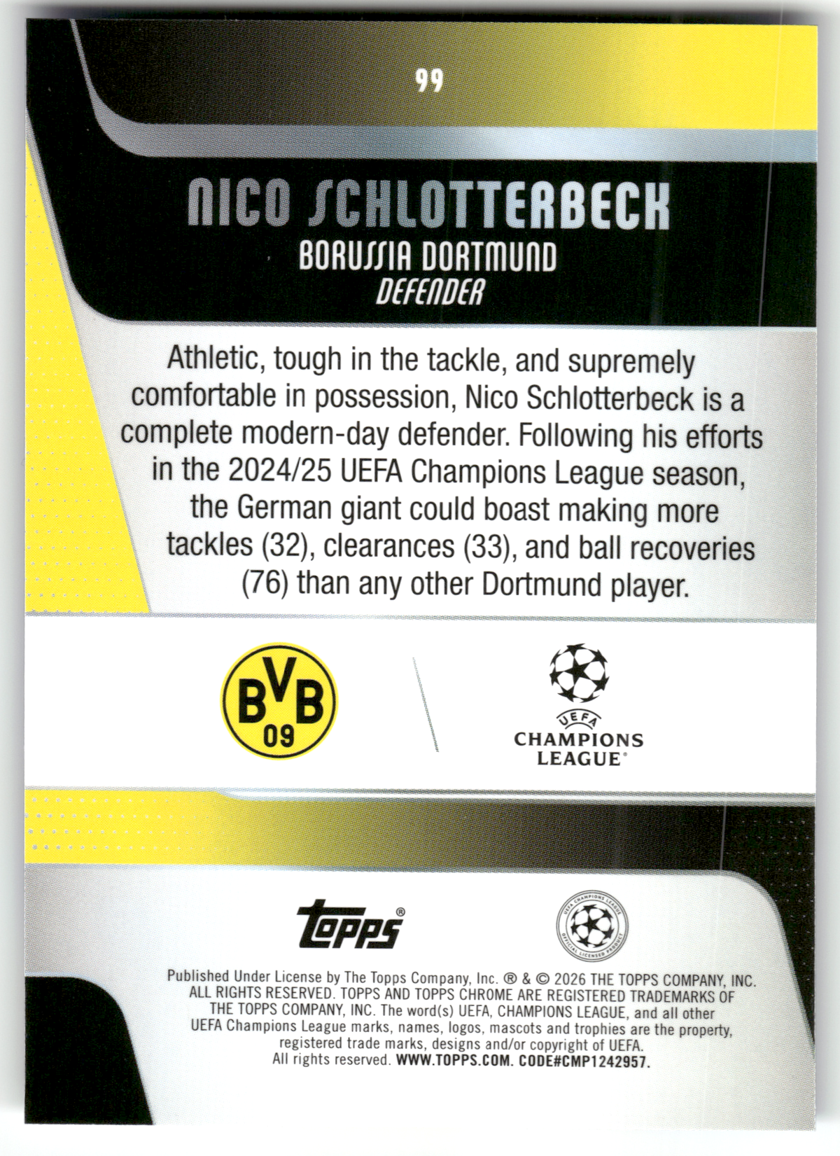 Fußball Nico Schlotterbeck - 2024-25 Topps Chrome UEFA CL - Sapphire - Borussia Dortmund #99 Trading Card Original