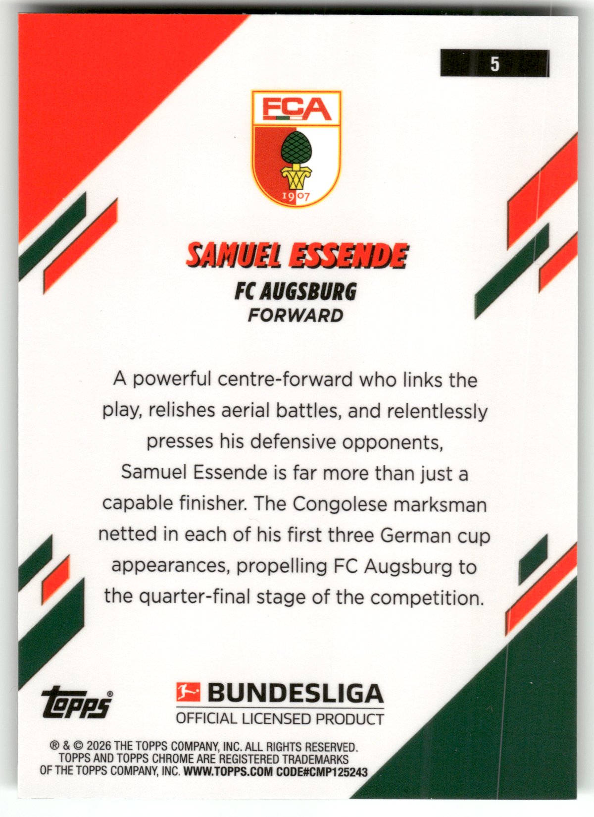 Fußball Samuel Essende - 2025-26 Topps Chrome Bundesliga - Green Sapphire /99 - FC Augsburg #5 Trading Card Original