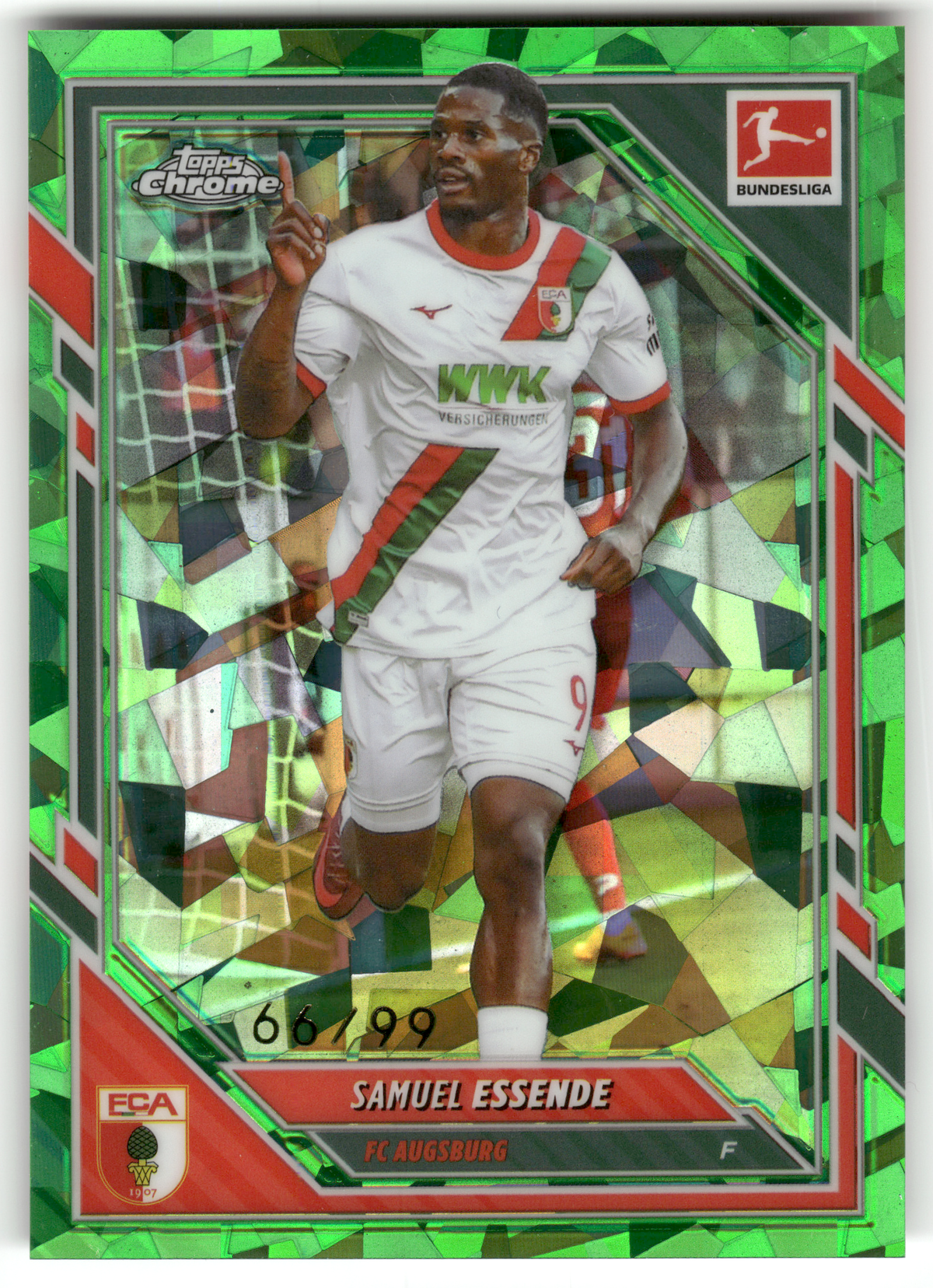 Fußball Samuel Essende - 2025-26 Topps Chrome Bundesliga - Green Sapphire /99 - FC Augsburg #5 Trading Card Original