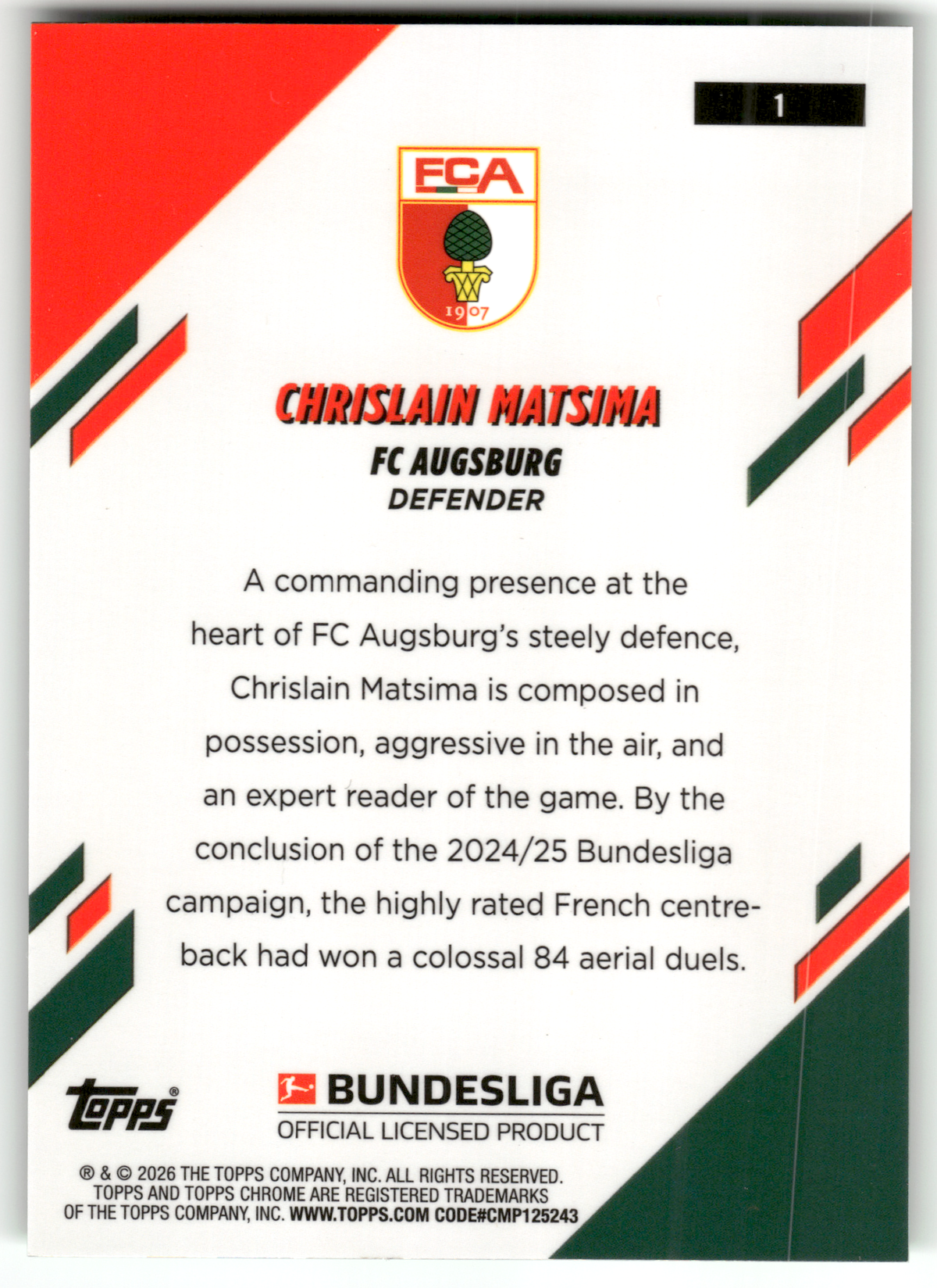 Fußball Chrislain Matsima - 2025-26 Topps Chrome Bundesliga - Green Sapphire /99 - FC Augsburg #1 Trading Card Original