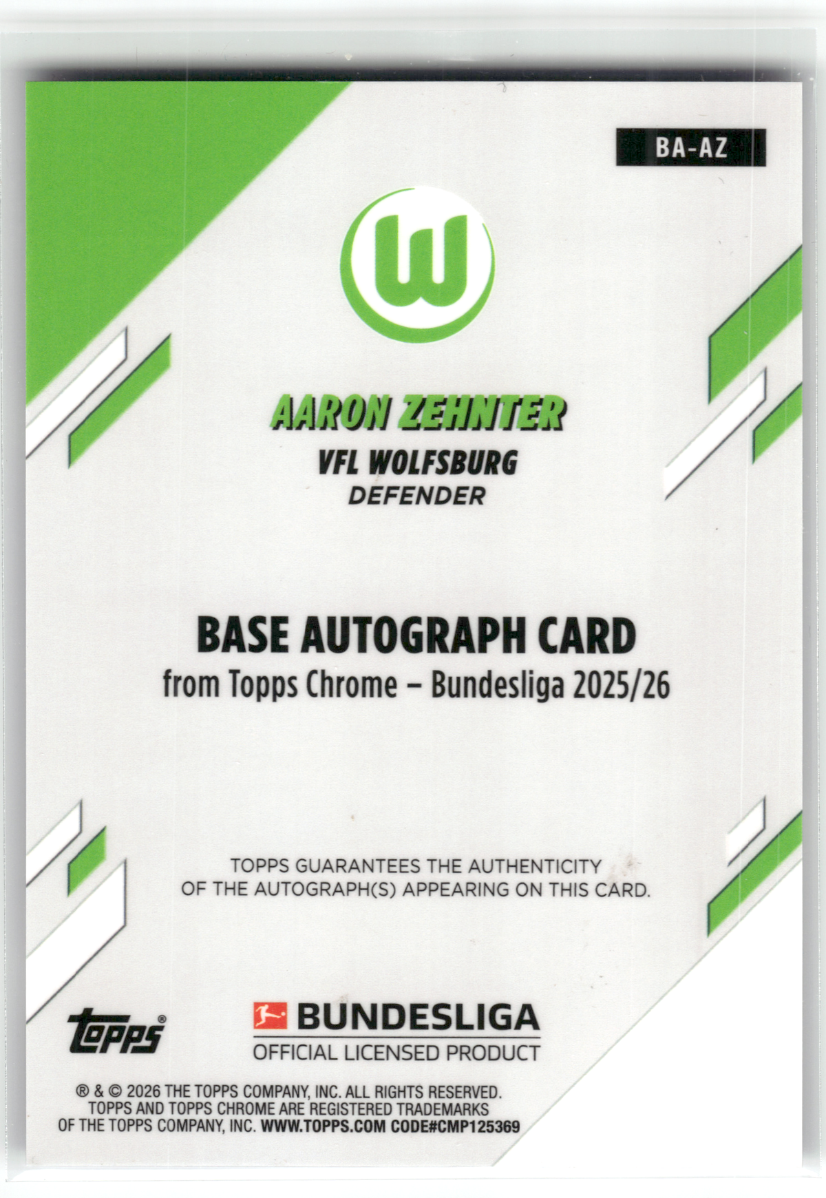 Fußball Aaron Zehnter - 2025-26 Topps Chrome Bundesliga - Purple Auto /75 - VFL Wolfsburg #BA-AZ Trading Card Original