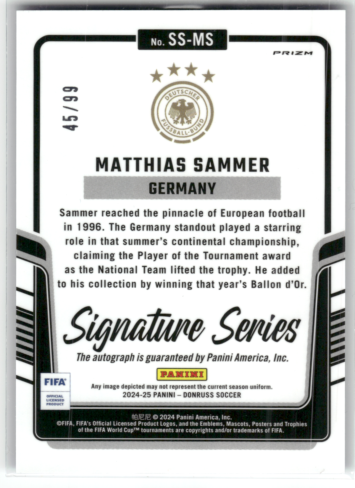 Fußball Matthias Sammer - 2024-25 Panini Donruss Soccer - True Blue Auto /99 - Germany #SS-MS Trading Card Original
