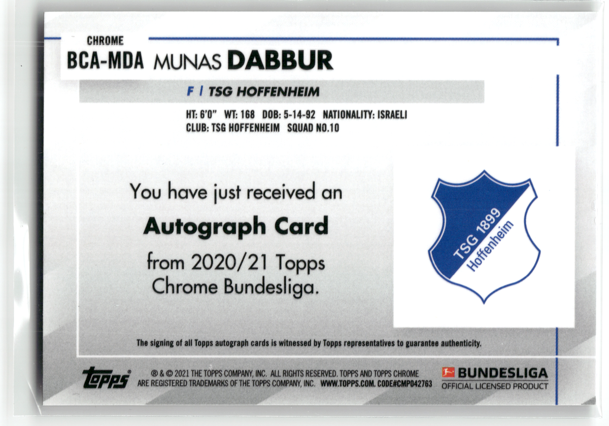 Fußball Munas Dabbur - 2020/21 Topps Chrome Bundesliga - Base Auto - TSG Hoffenheim #BCA-MDA Trading Card Original