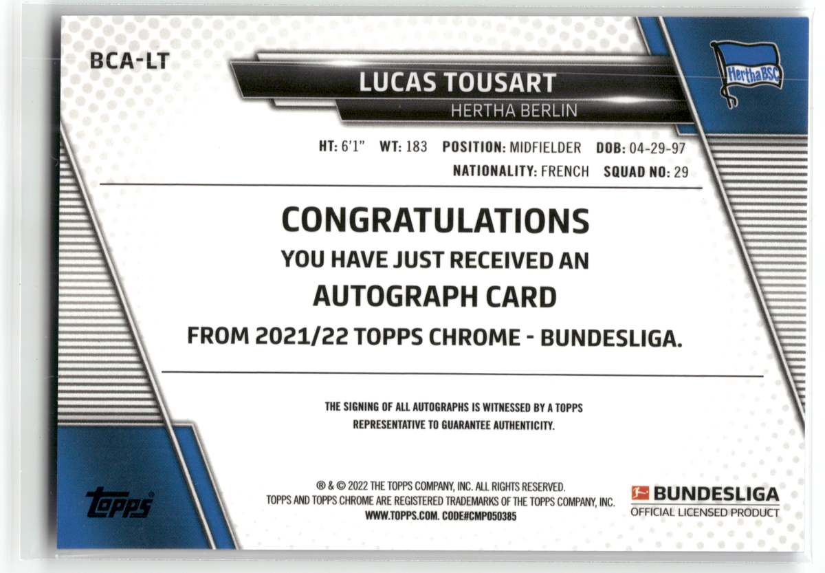 Fußball Lucas Tousart - 2021-22 Topps Chrome Bundesliga - Auto - Hertha Berlin #BCA-LT Trading Card Original
