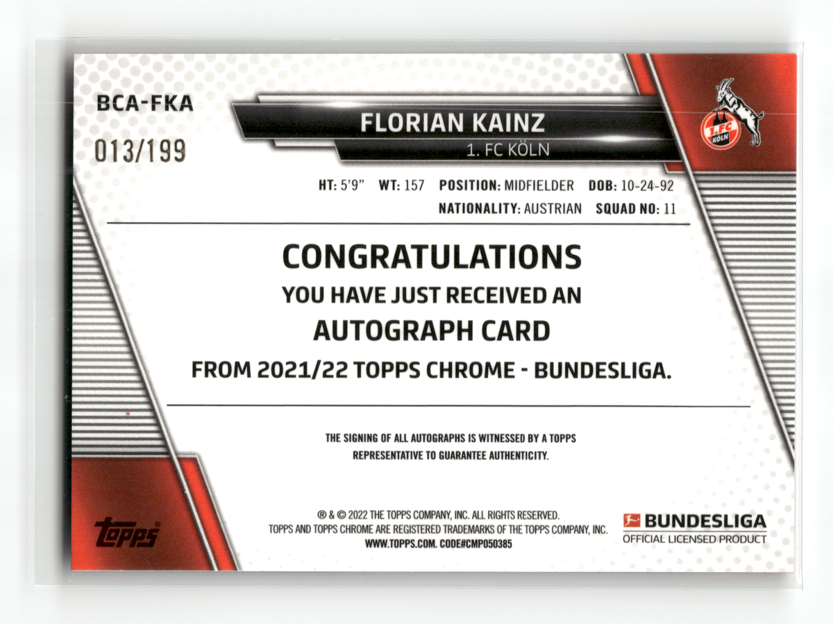 Fußball Florian Kainz - 2021-22 Topps Chrome Bundesliga - Purple Auto /199 - 1. FC Köln #BCA-FKA Trading Card Original