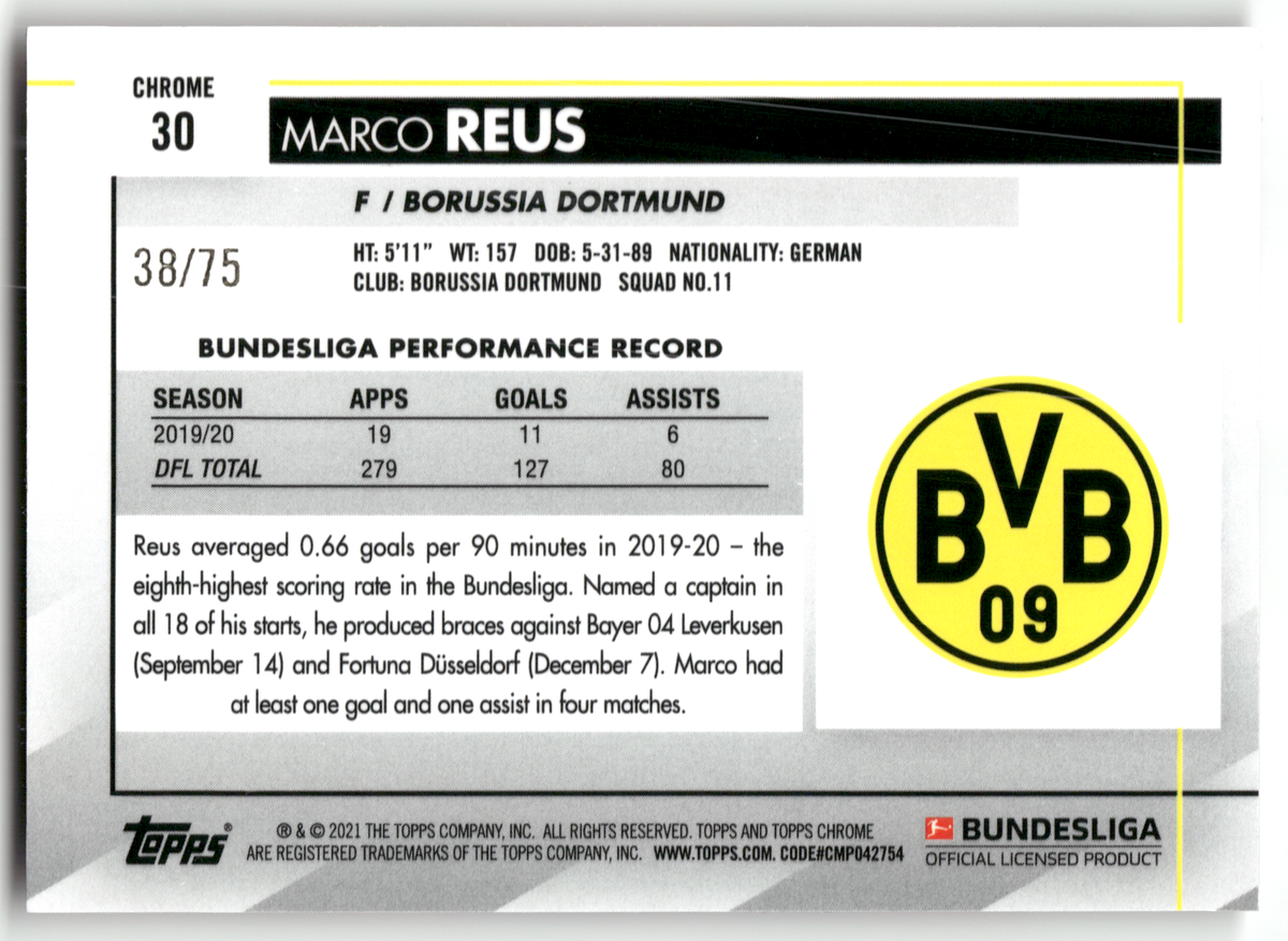 Fußball Marco Reus - 2021-22 Topps Chrome Bundesliga - Pink /75 - Borussia Dortmund #30 Trading Card Original