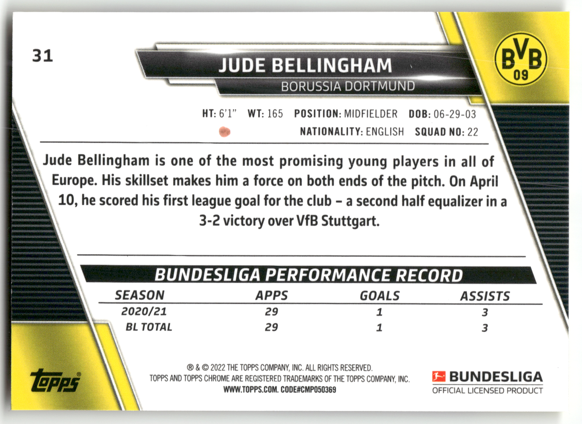 Fußball Jude Bellingham - 2021-22 Topps Chrome Bundesliga - Gold Ray Wave - Borussia Dortmund #31 Trading Card Original