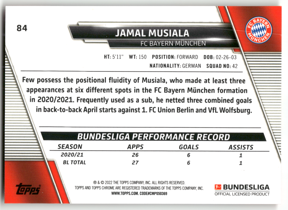 Fußball Jamal Musiala - 2021-22 Topps Chrome Bundesliga - Gold Ray Wave - FC Bayern München #84 Trading Card Original
