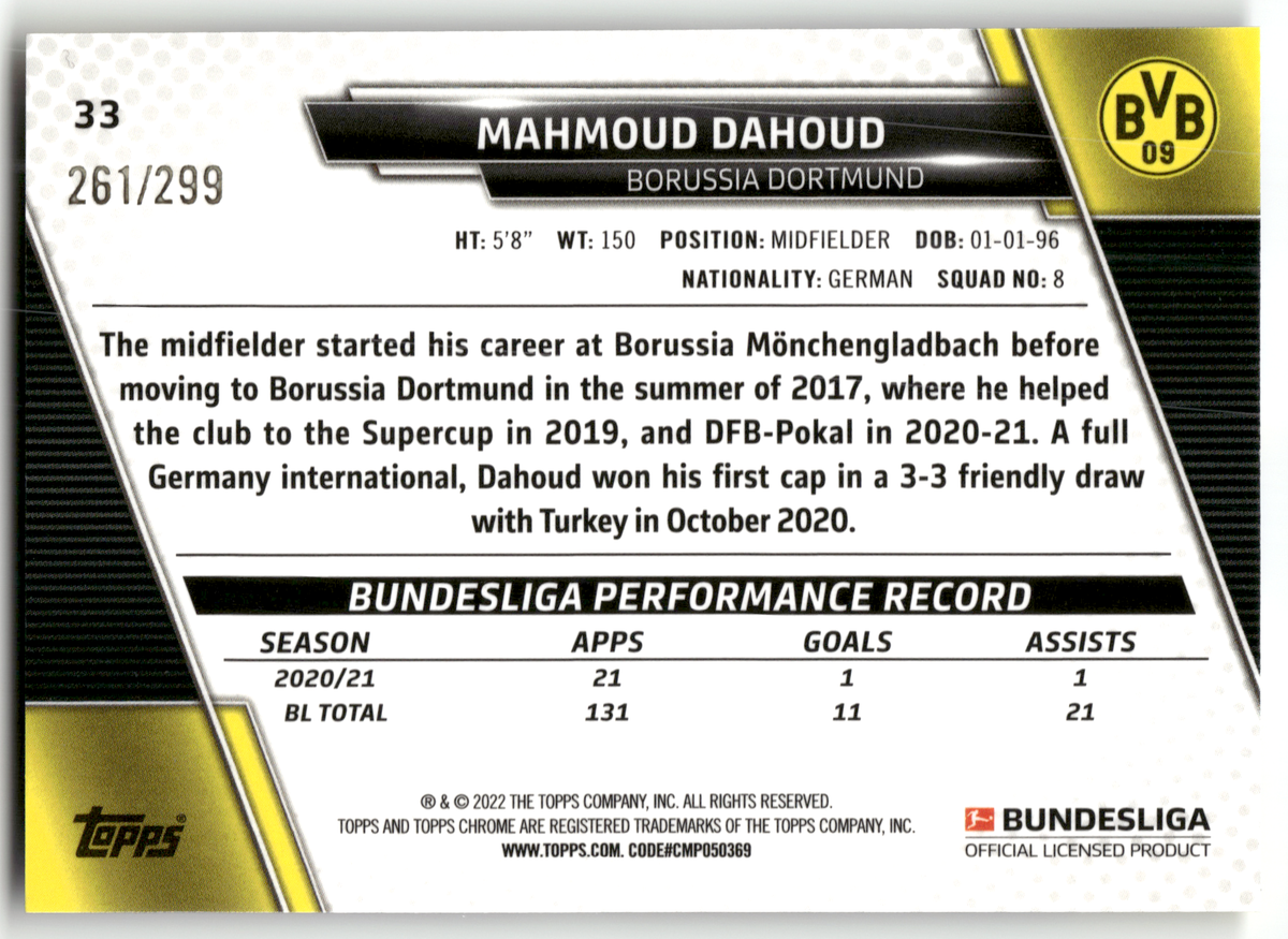 Fußball Mahmoud Dahoud - 2021-22 Topps Chrome Bundesliga - Purple /299 - Borussia Dortmund #33 Trading Card Original