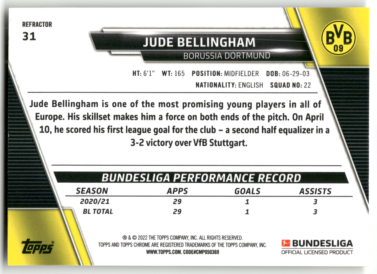 Fußball Jude Bellingham - 2021-22 Topps Chrome Bundesliga - Refractor - Borussia Dortmund #31 Trading Card Original