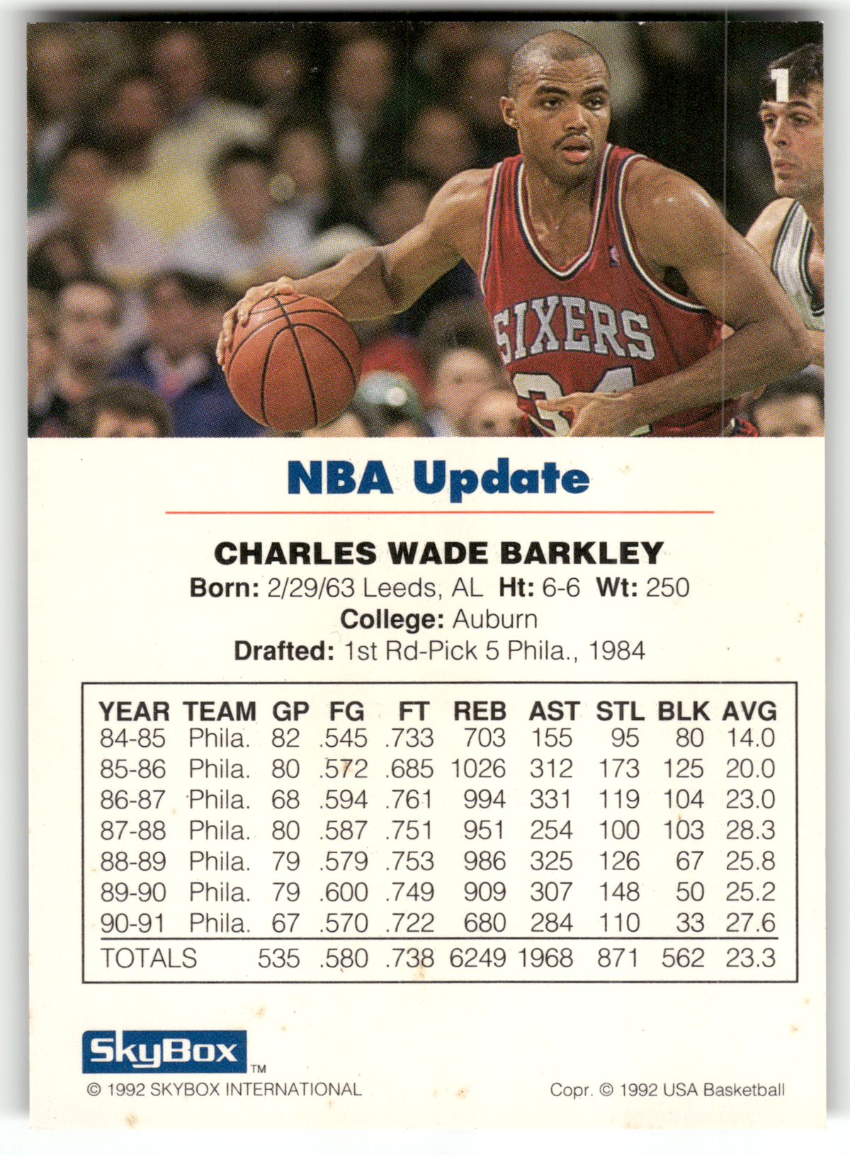 Basketball NBA Charles Barkley - 1992 SkyBox USA Basketball NBA Update - Philadelphia 76ers #1 Trading Card Original