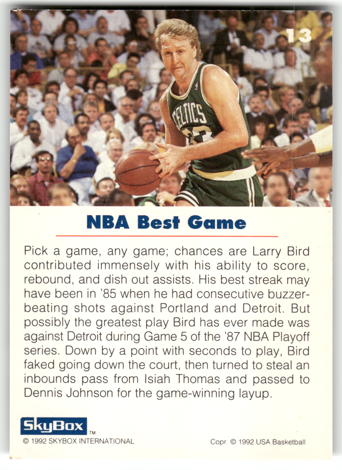 Basketball NBA Larry Bird - 1992 SkyBox USA Basketball - Boston Celtics #13 Trading Card Original