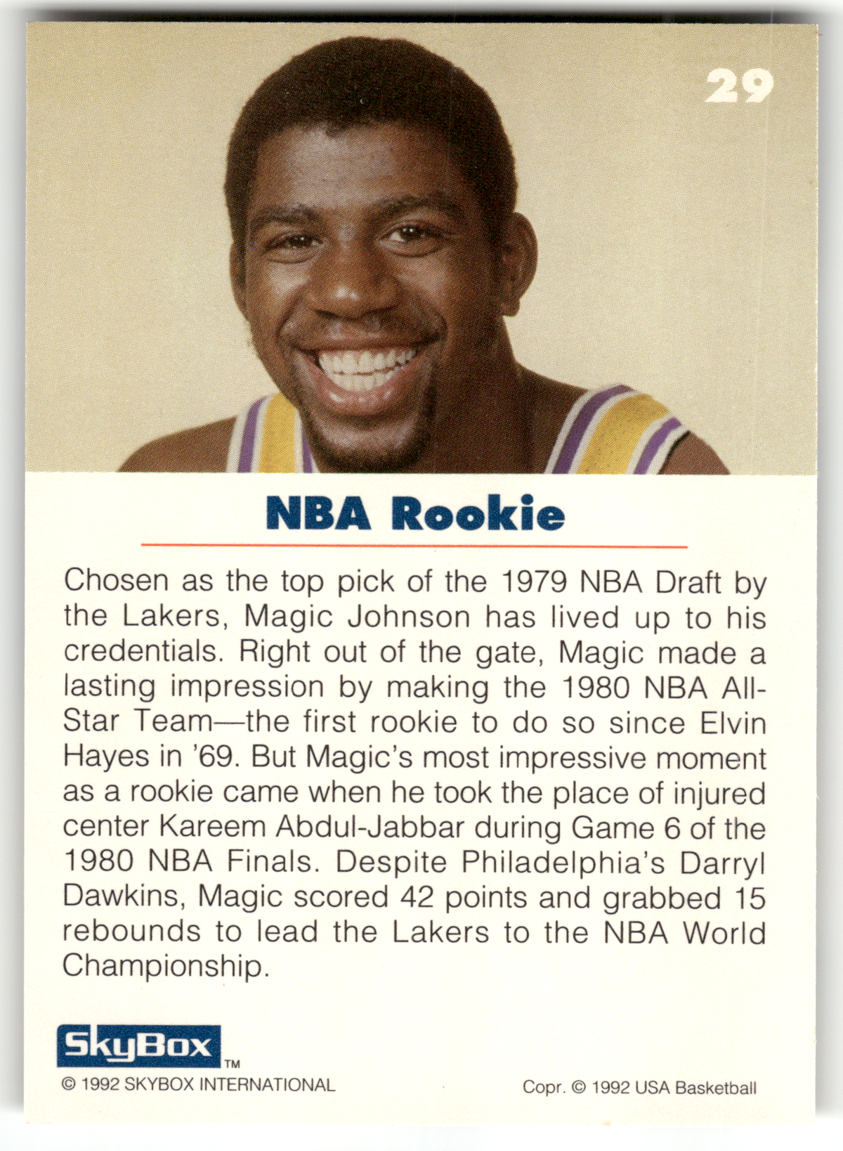 Basketball NBA Earvin 'Magic' Johnson - 1992 SkyBox USA Basketball - Los Angeles Lakers #29 Trading Card Original