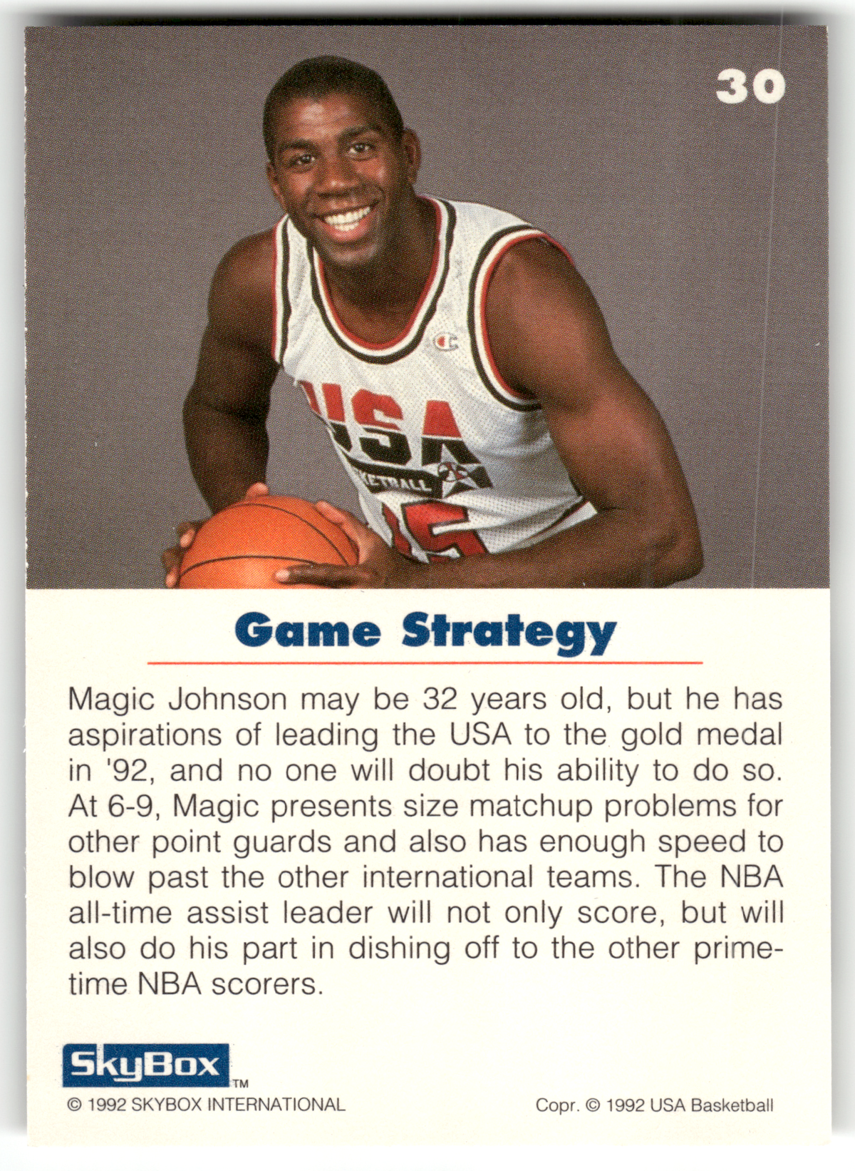 Basketball NBA Earvin 'Magic' Johnson - 1992 SkyBox USA Basketball - Los Angeles Lakers / USA Basketball #30 Trading Card Original