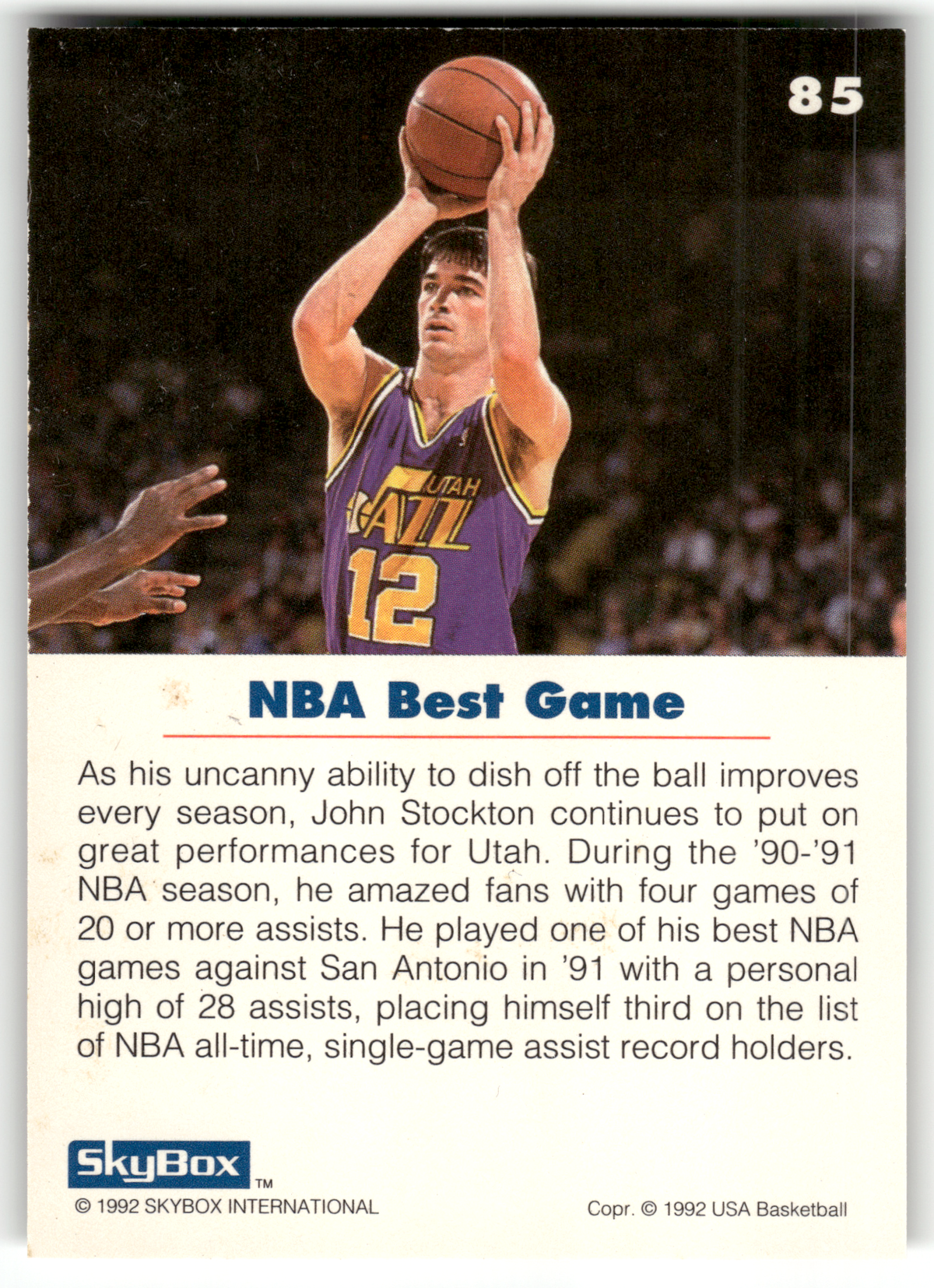 Basketball NBA John Stockton - 1992 SkyBox USA Basketball - Utah Jazz #85 Trading Card Original