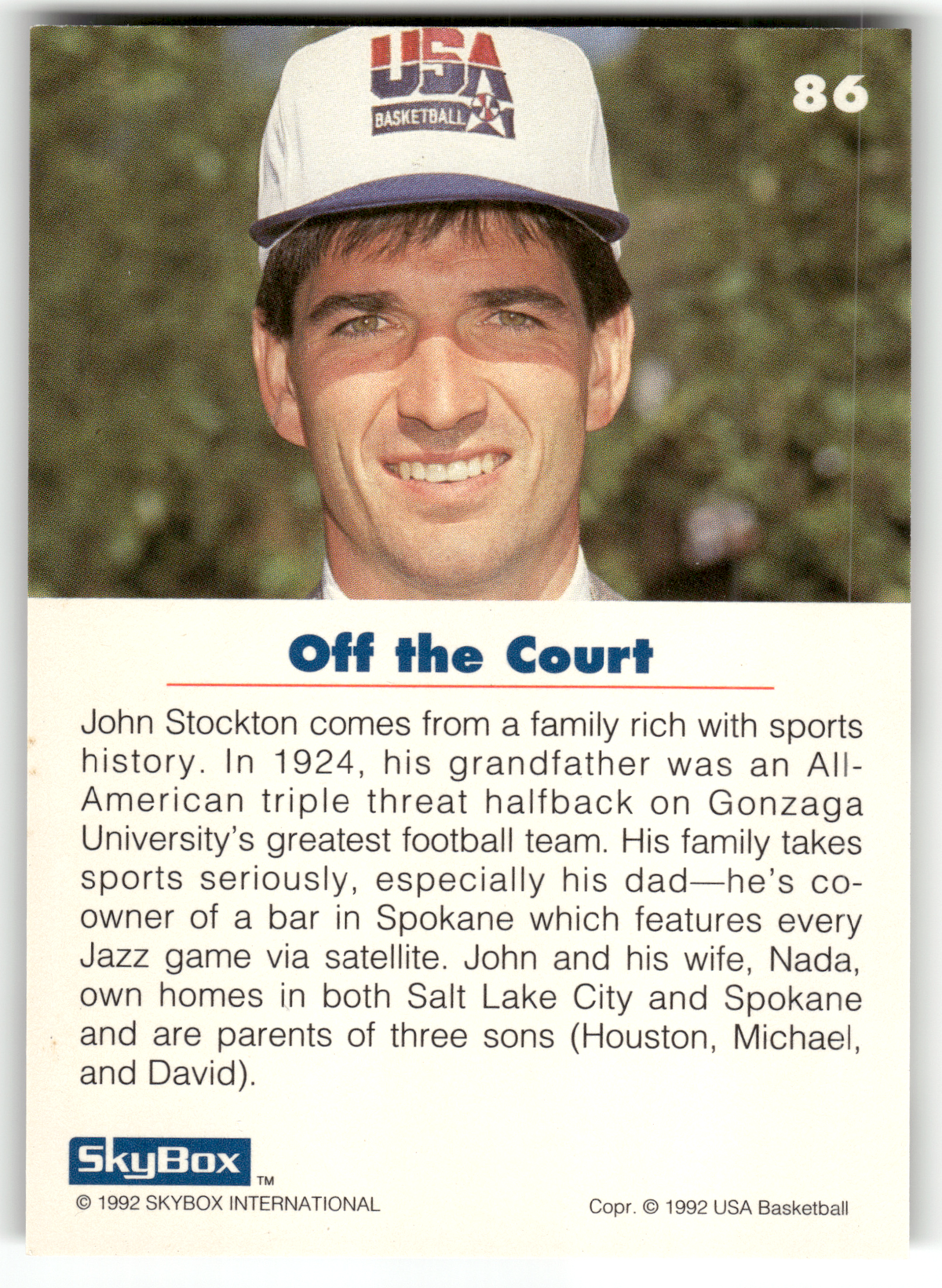 Basketball NBA John Stockton - 1992 SkyBox USA Basketball - Utah Jazz #86 Trading Card Original