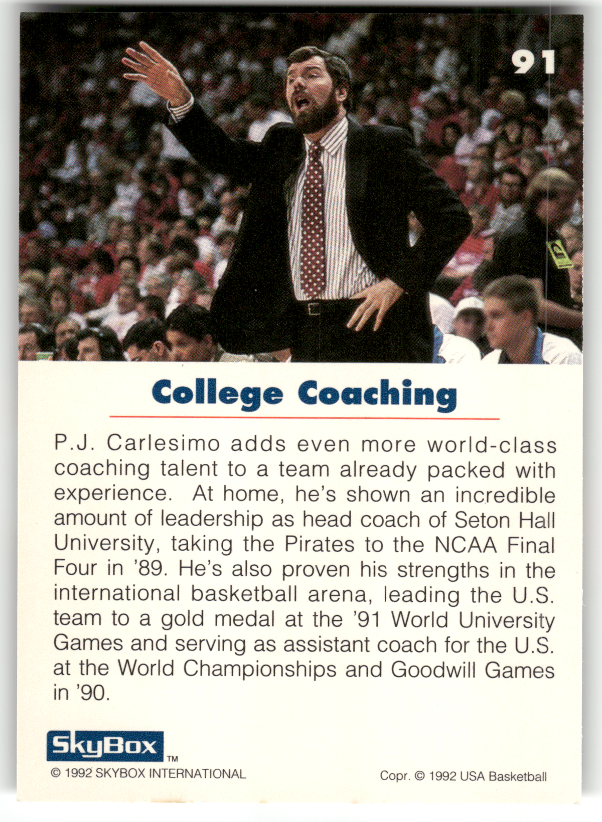 Basketball NBA P.J. Carlesimo - 1992 SkyBox USA Basketball - USA Basketball #91 Trading Card Original