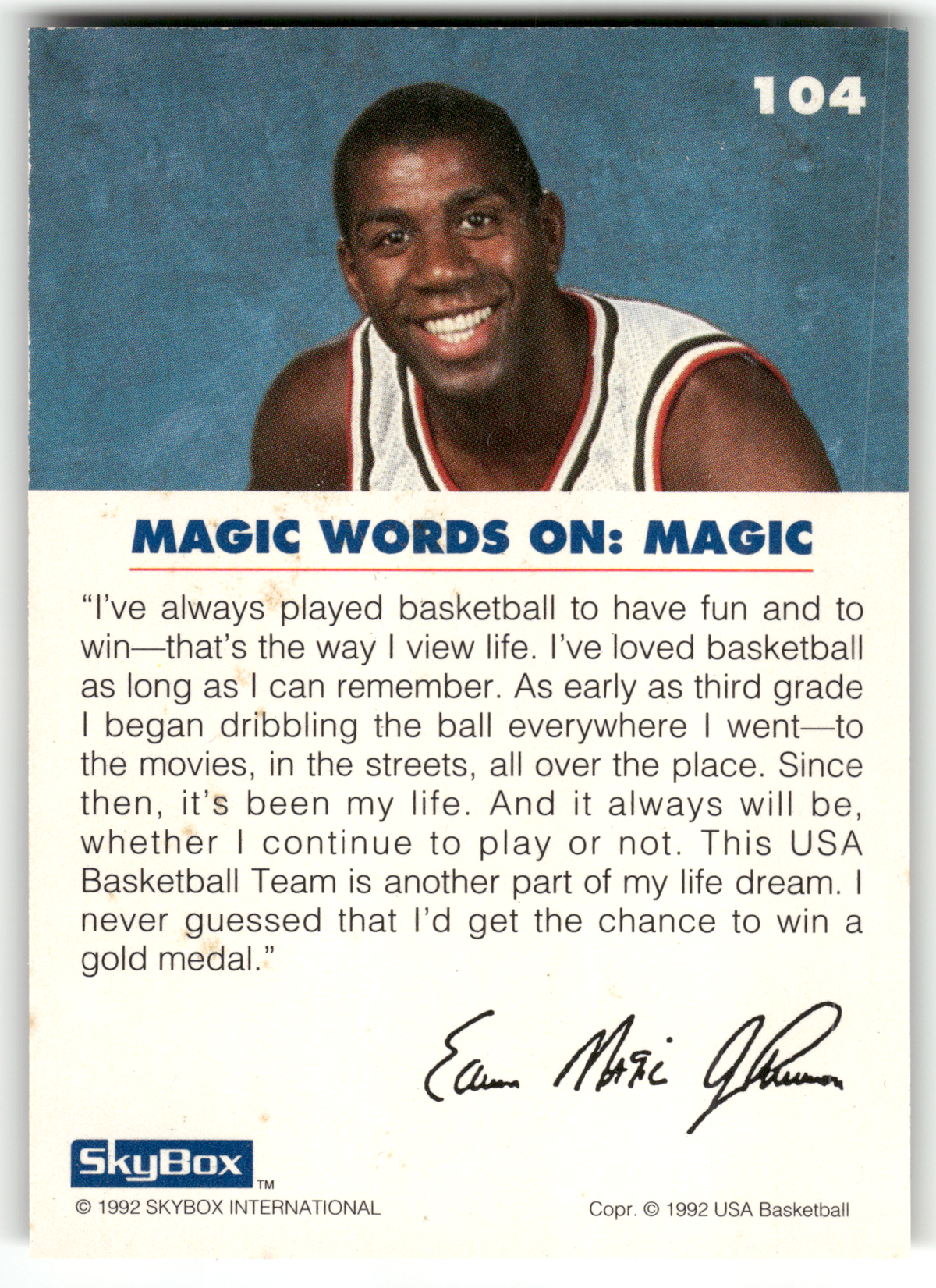 Basketball NBA Magic Johnson - 1992 SkyBox USA Basketball - Los Angeles Lakers #104 Trading Card Original
