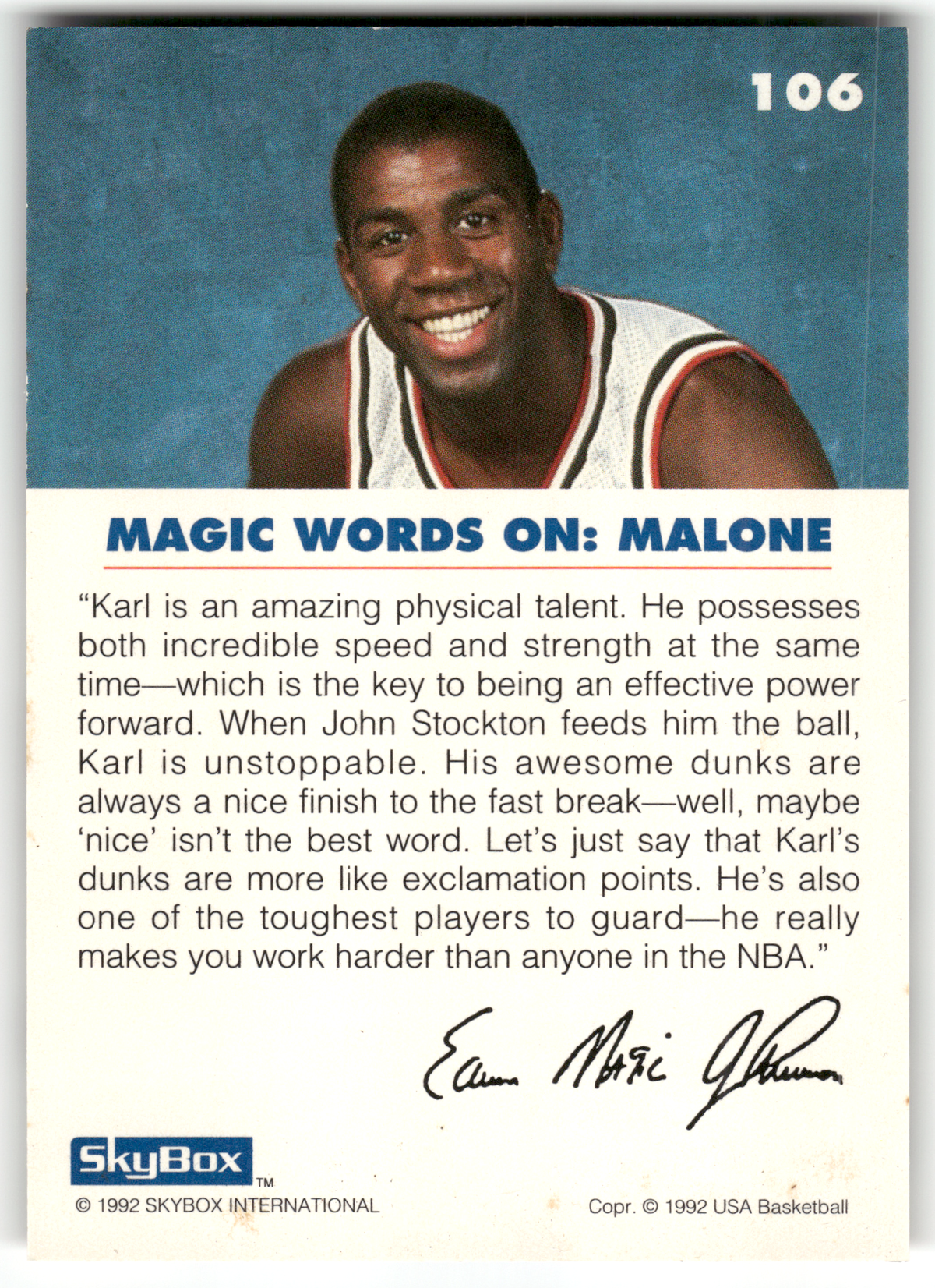 Basketball NBA Karl Malone - 1992 SkyBox USA Basketball - Utah Jazz #106 Trading Card Original