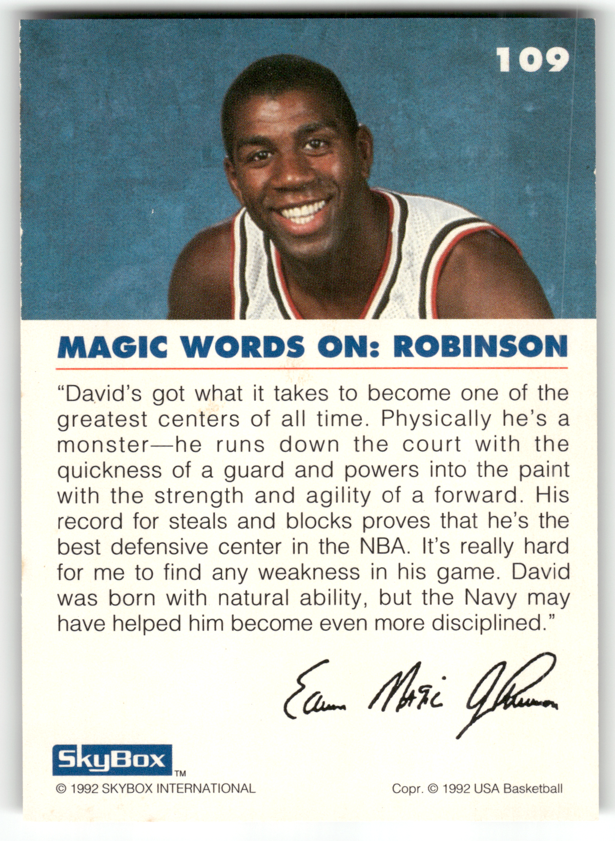 Basketball NBA David Robinson - 1992 SkyBox USA Basketball - San Antonio Spurs #109 Trading Card Original