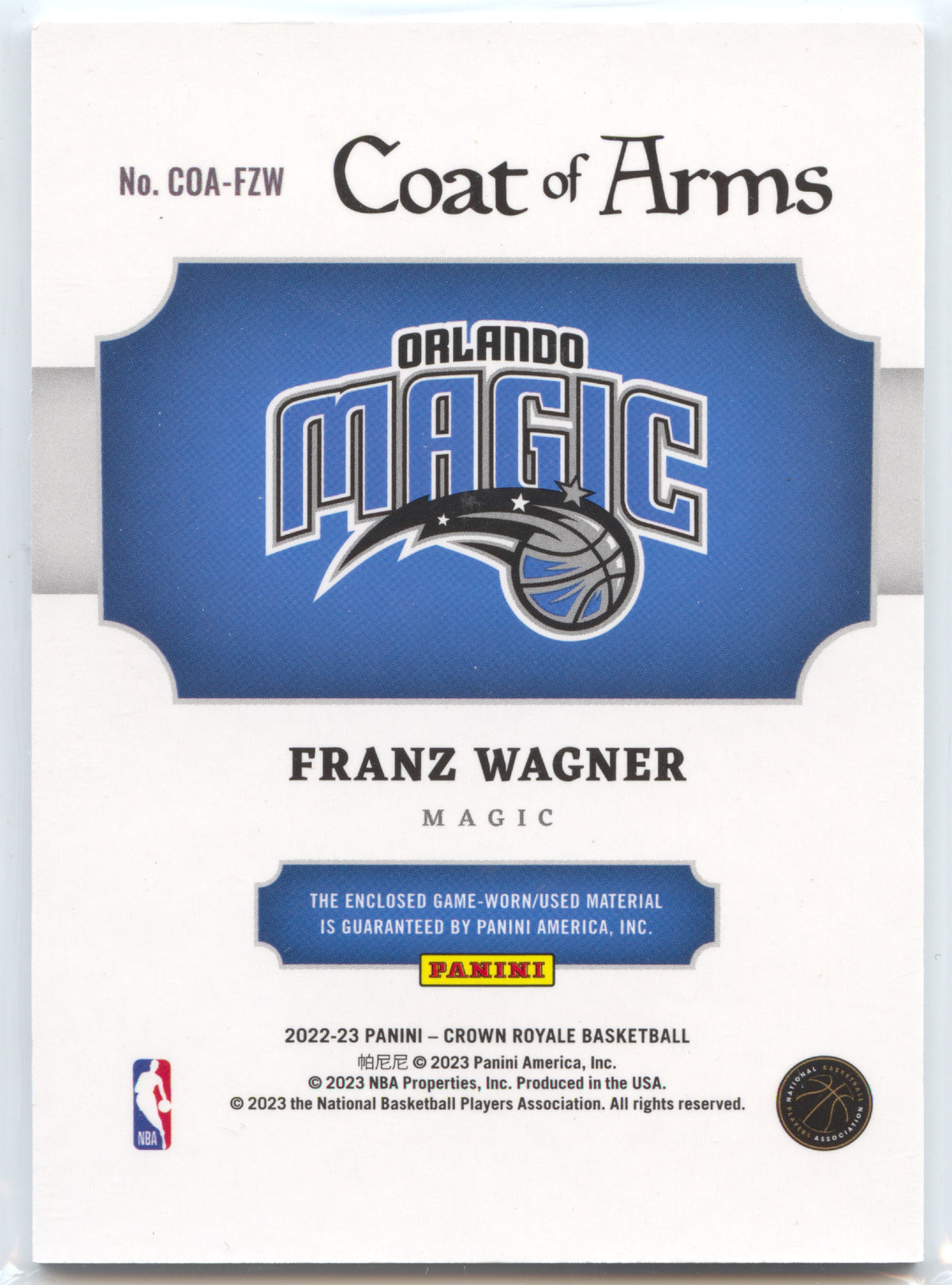 Basketball NBA Franz Wagner - 2022-23 Panini Crown Royale Basketball - Coat of Arms Game Worn Relic - Orlando Magic #COA-FZW Trading Card Original