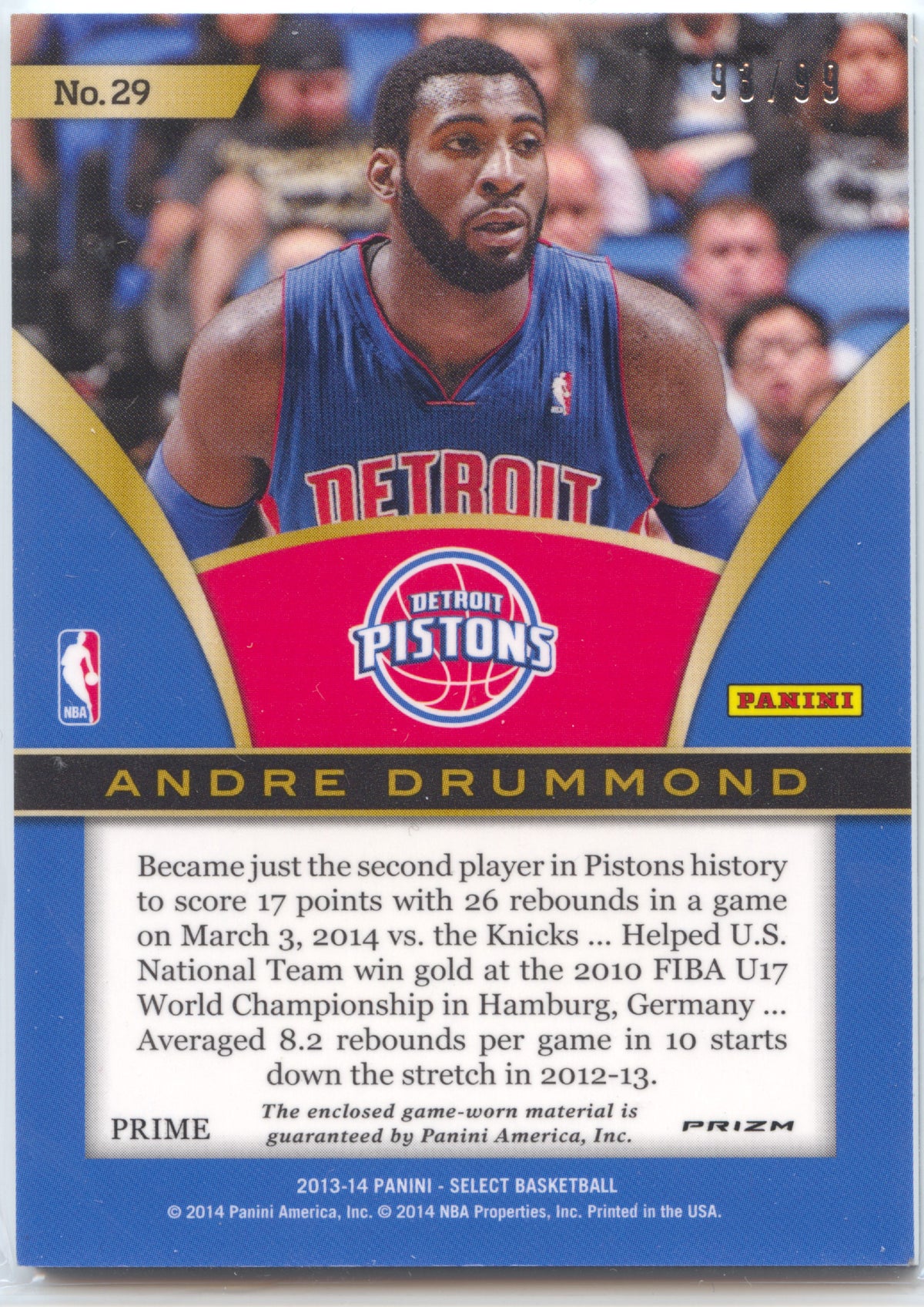 Basketball NBA Andre Drummond - 2013-14 Panini Select Basketball - Game Worn Relic /99 - Detroit Pistons #29 Trading Card Original