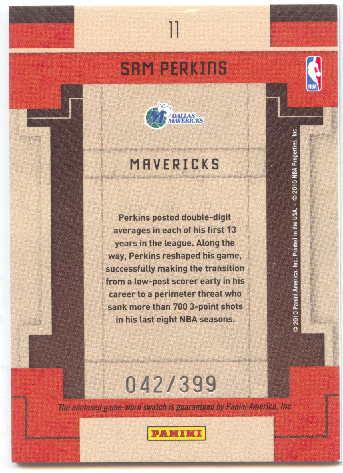 Basketball NBA Sam Perkins - 2010-11 Panini Threads Century Legends - Game Worn Relic /399 - Dallas Mavericks #11 Trading Card Original
