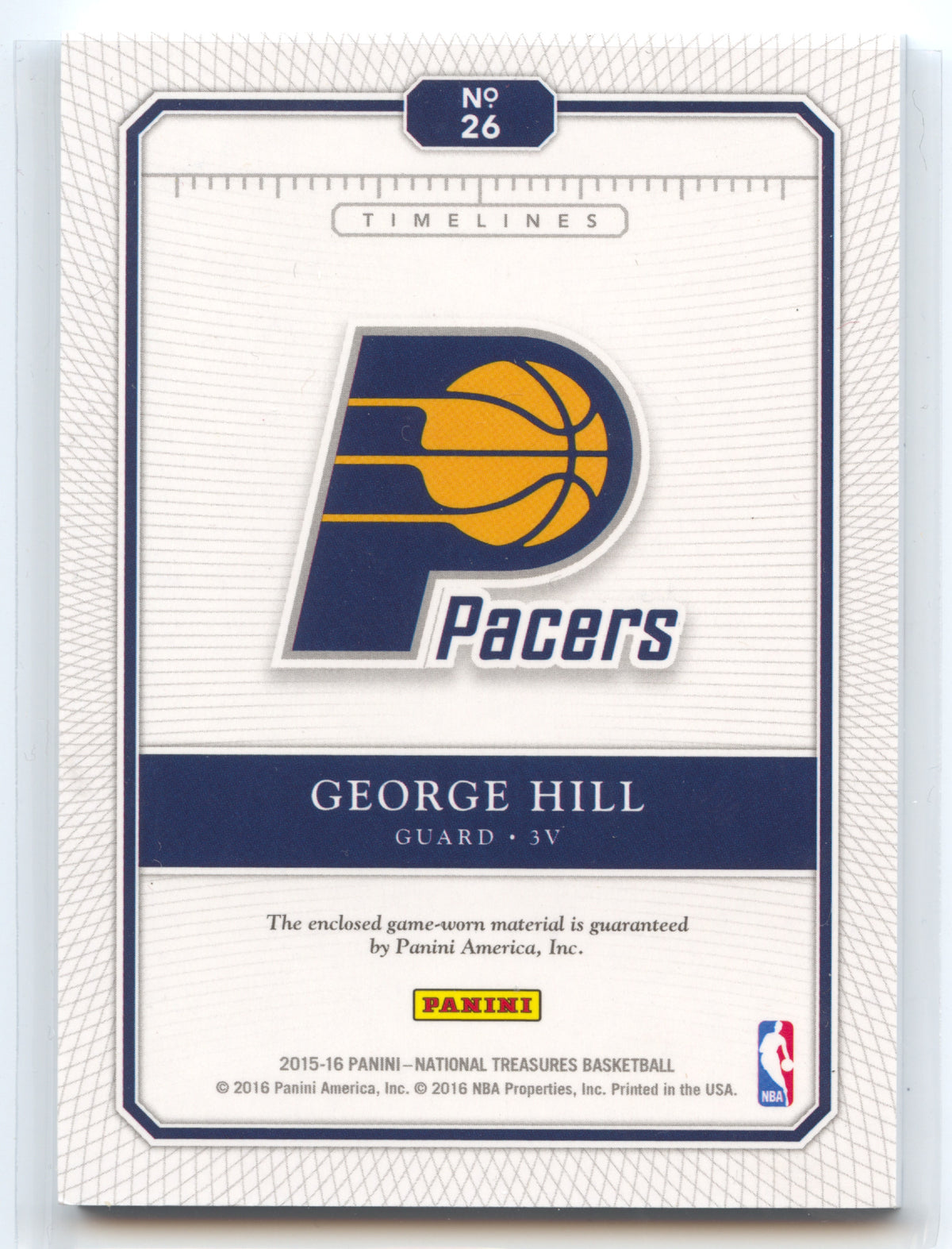 Basketball NBA George Hill - 2015-16 Panini National Treasures Basketball - Game-Worn Relic /99 - Indiana Pacers #26 Trading Card Original