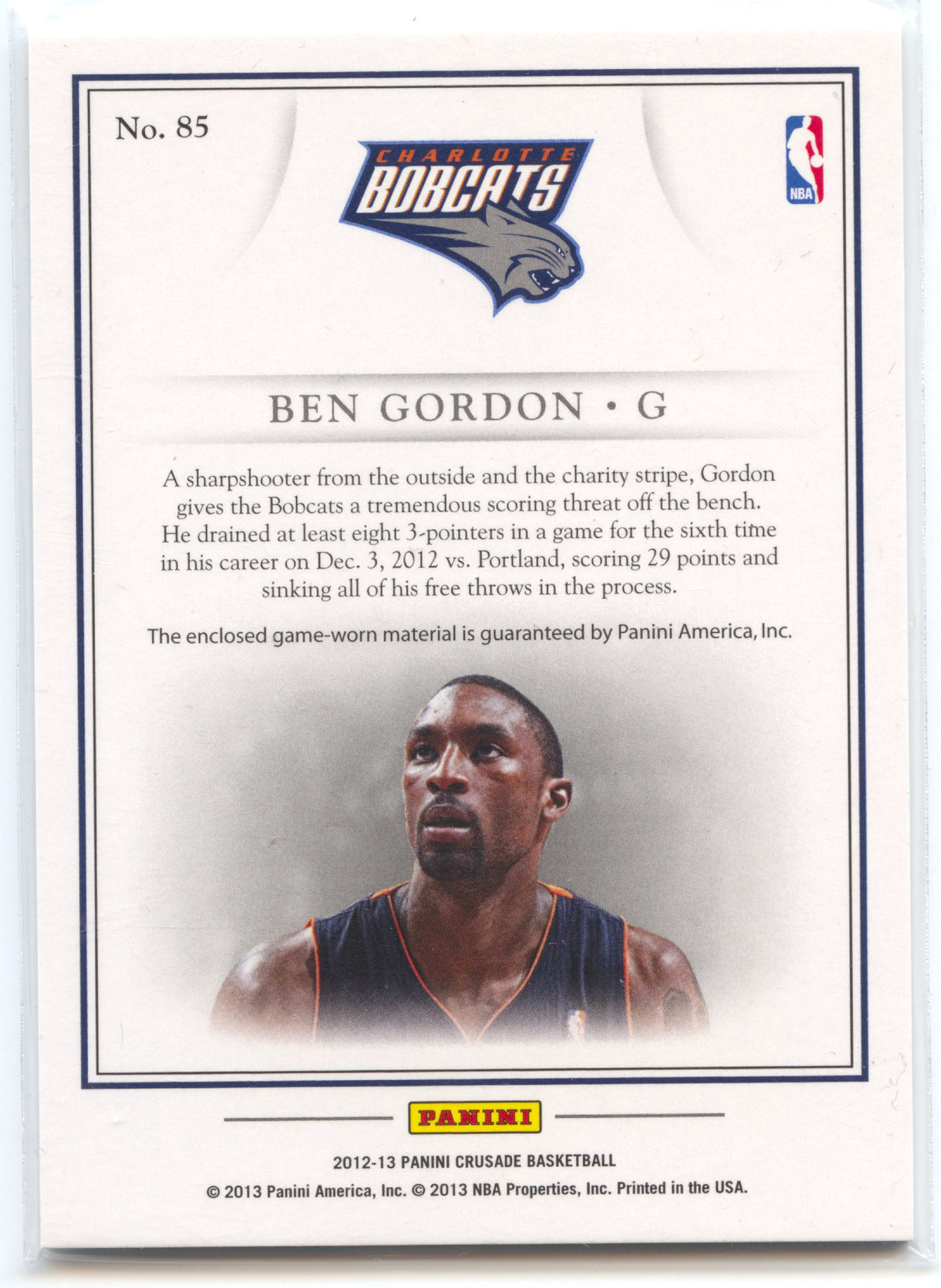Basketball NBA Ben Gordon - 2012-13 Panini Crusade Basketball - Game-Worn Relic - Charlotte Bobcats #85 Trading Card Original