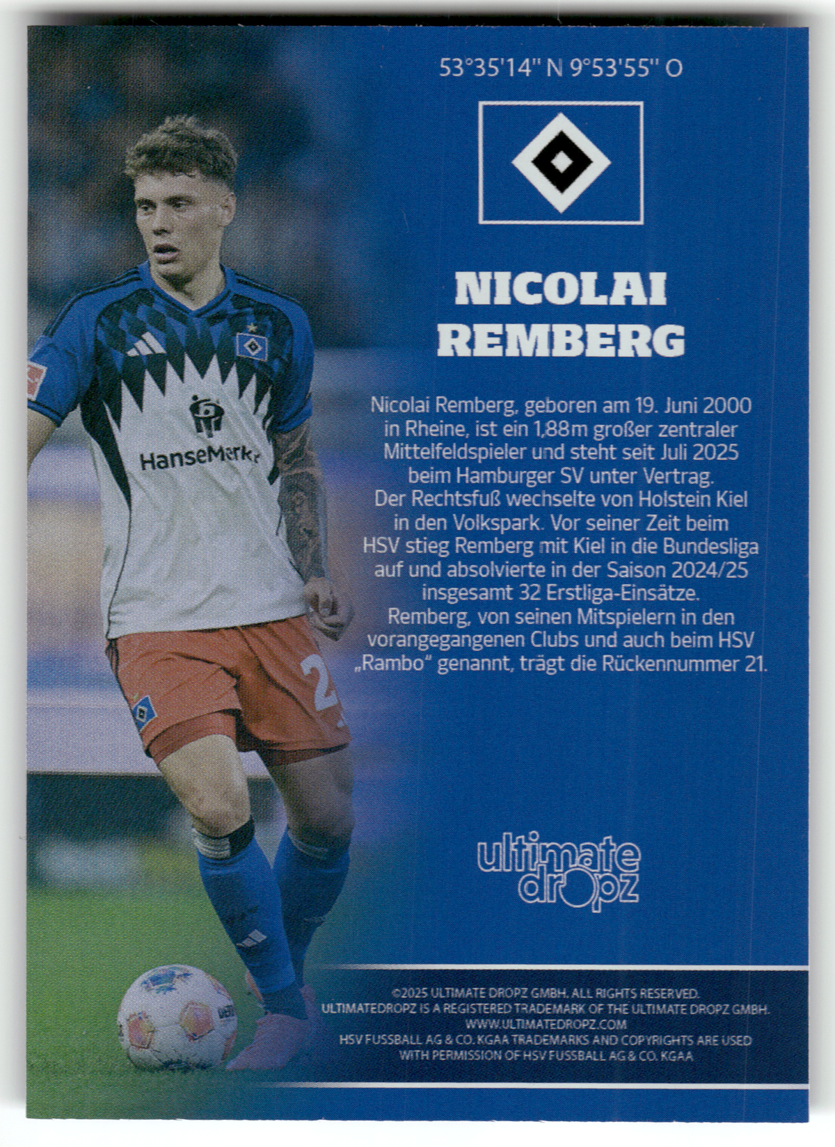 Fußball Nicolai Remberg - 2025 Ultimate Dropz HSV - Hamburger SV #21 Trading Card Original