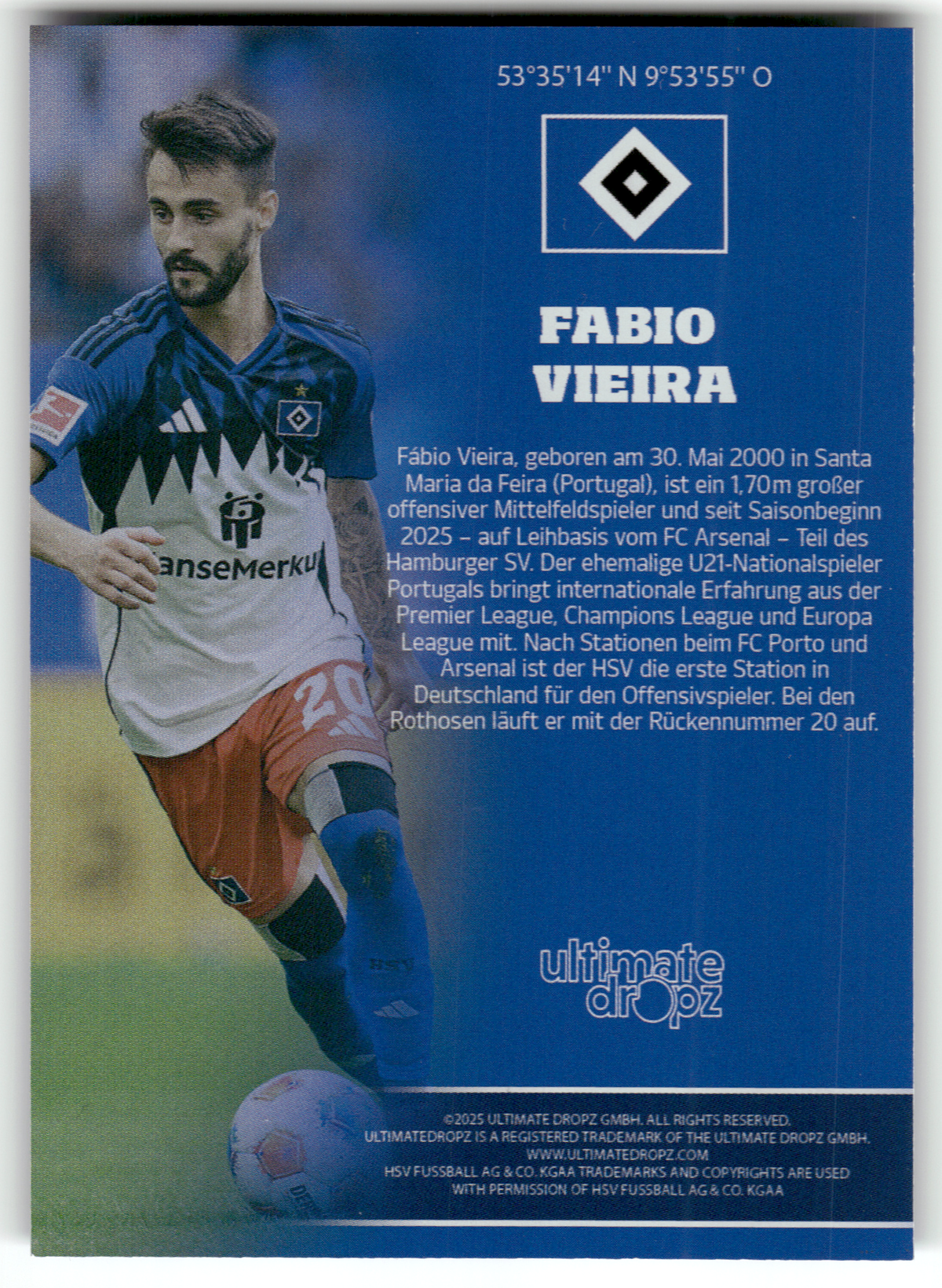 Fußball Fabio Vieira - 2025 Ultimate Dropz HSV - Hamburger SV #20 Trading Card Original