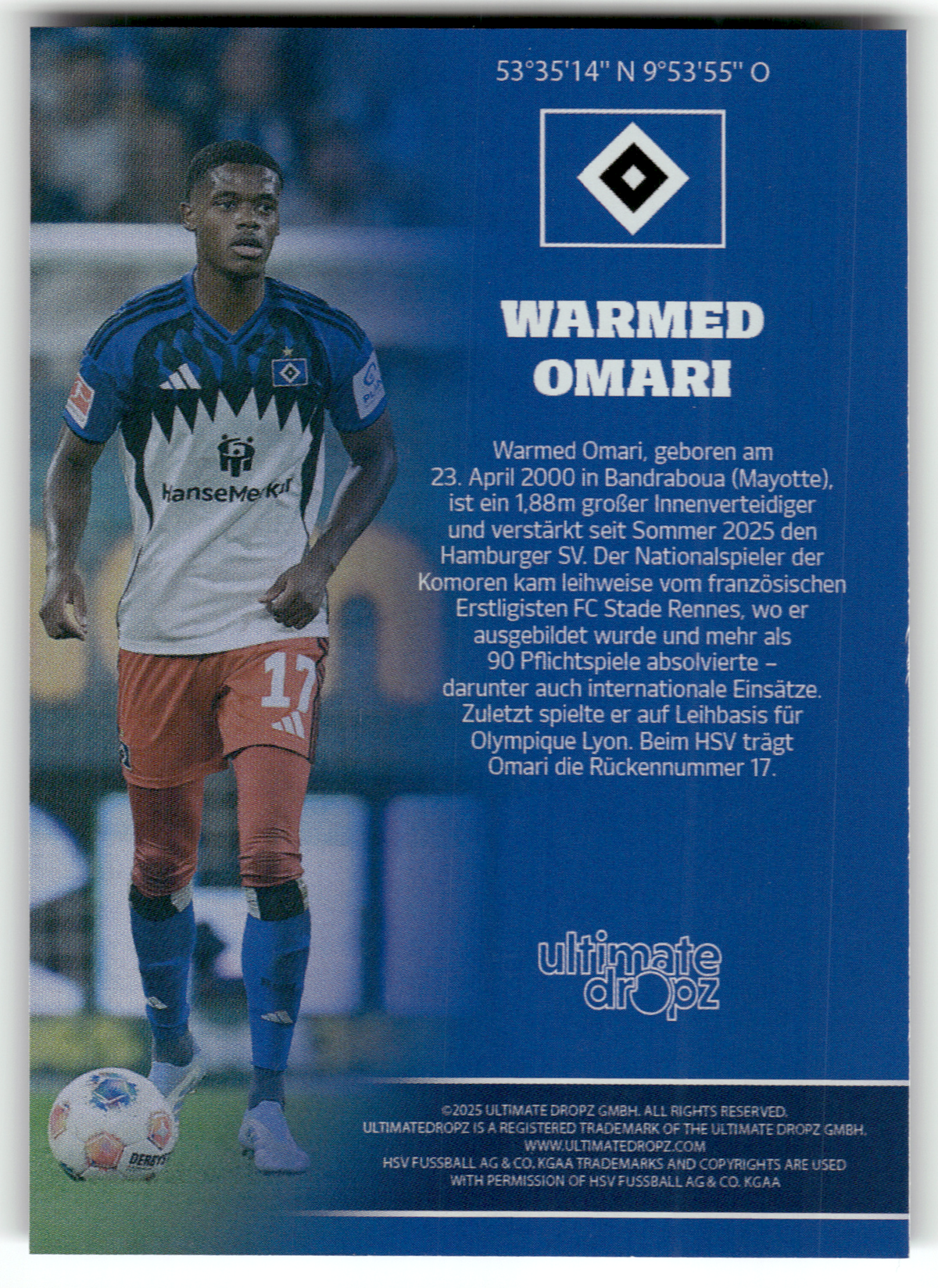 Fußball Warmed Omari - 2025 Ultimate Dropz Hamburger SV - Hamburger SV Trading Card Original