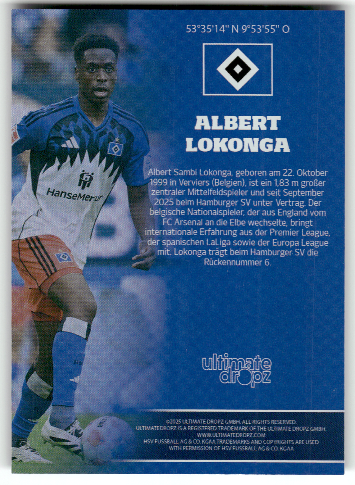 Fußball Albert Lokonga - 2025 Ultimate Dropz HSV - Hamburger SV #6 Trading Card Original