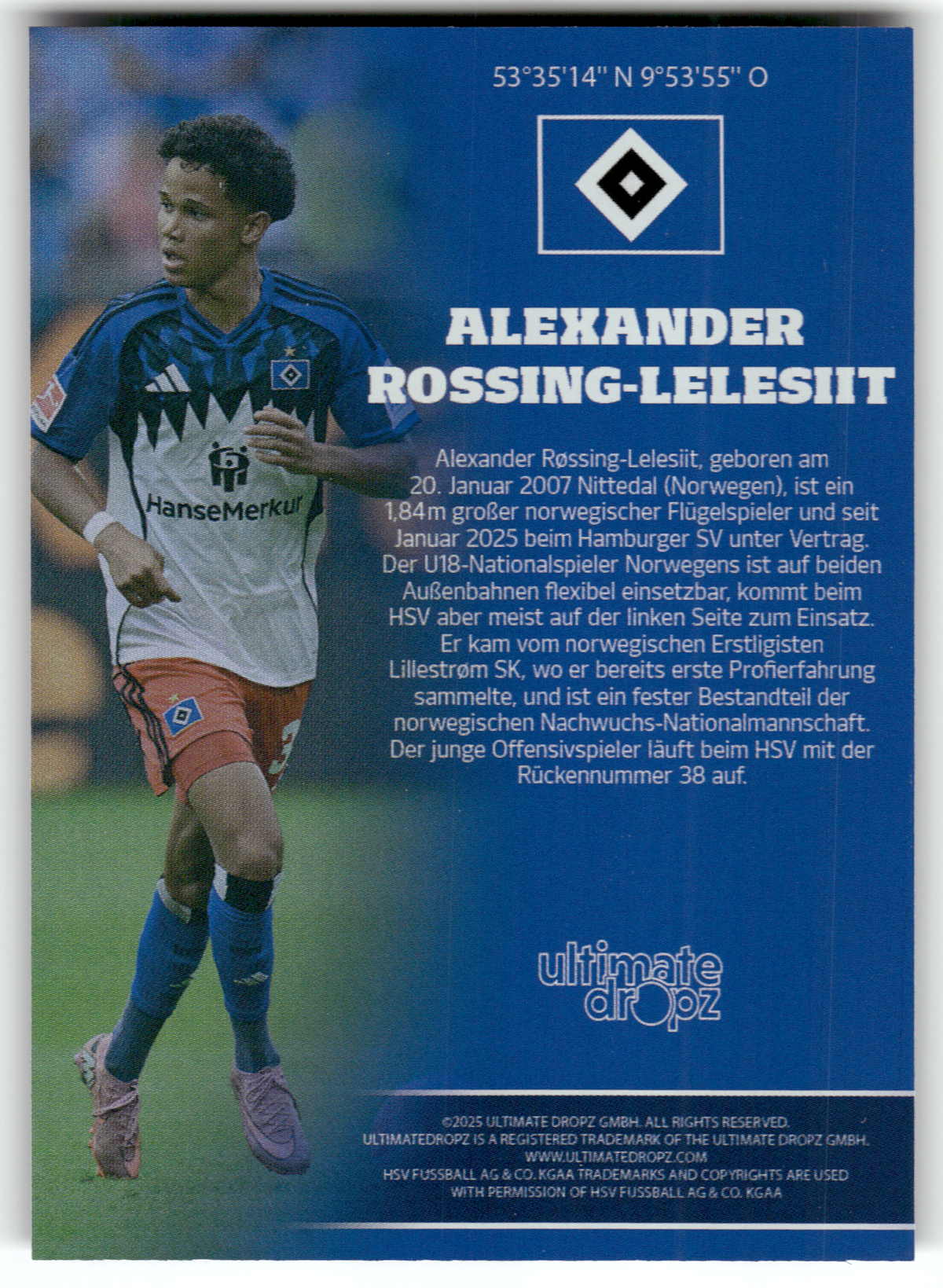 Fußball Alexander Rossing-Lelesiit - 2025 Ultimate Dropz HSV - Hamburger SV #38 Trading Card Original
