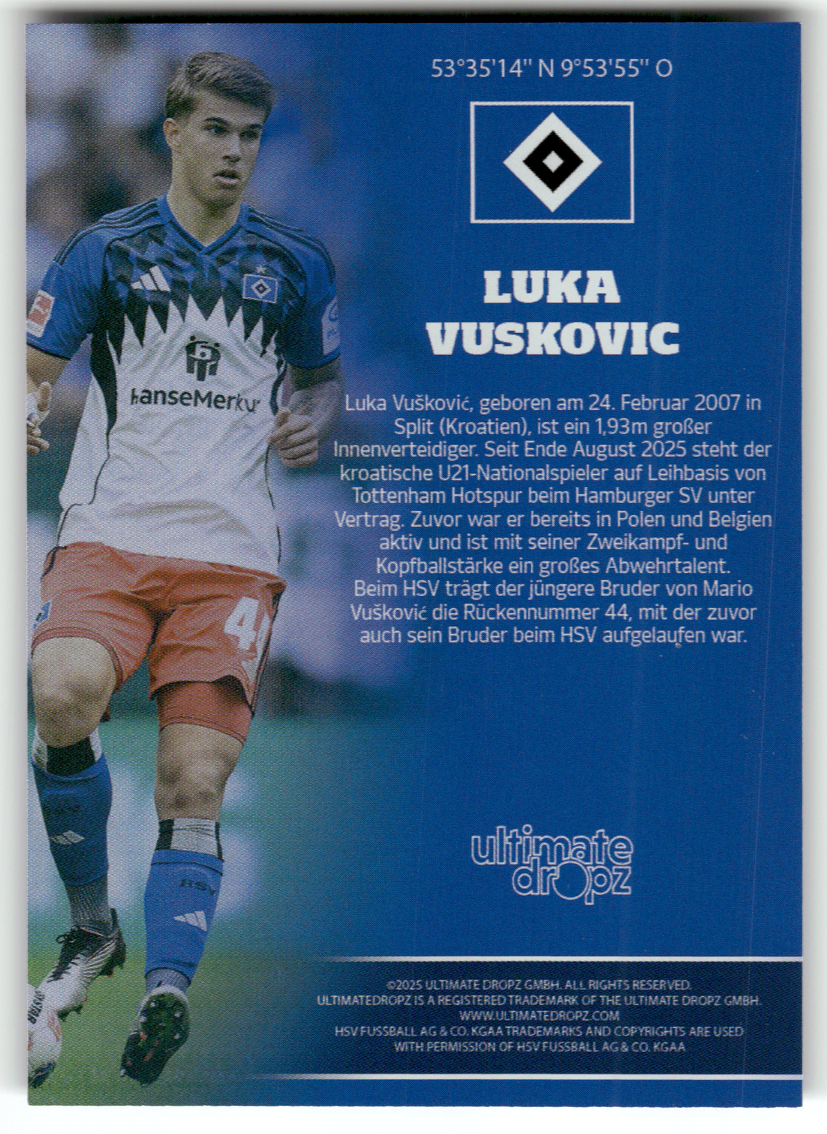 Fußball Luka Vuskovic - 2025 Ultimate Dropz HSV - Hamburger SV #44 Trading Card Original