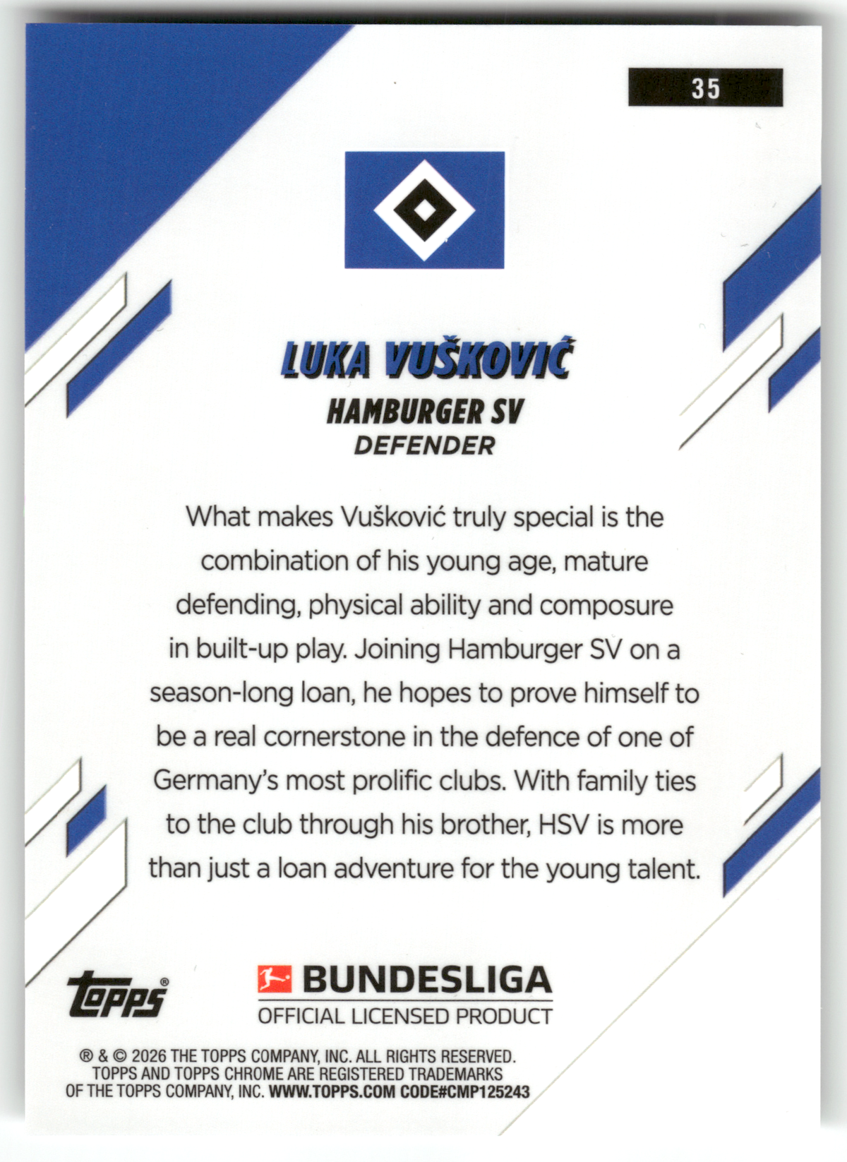 Fußball Luka Vušković Rookie - 2025-26 Topps Chrome Bundesliga - Hamburger SV #35 Trading Card Original
